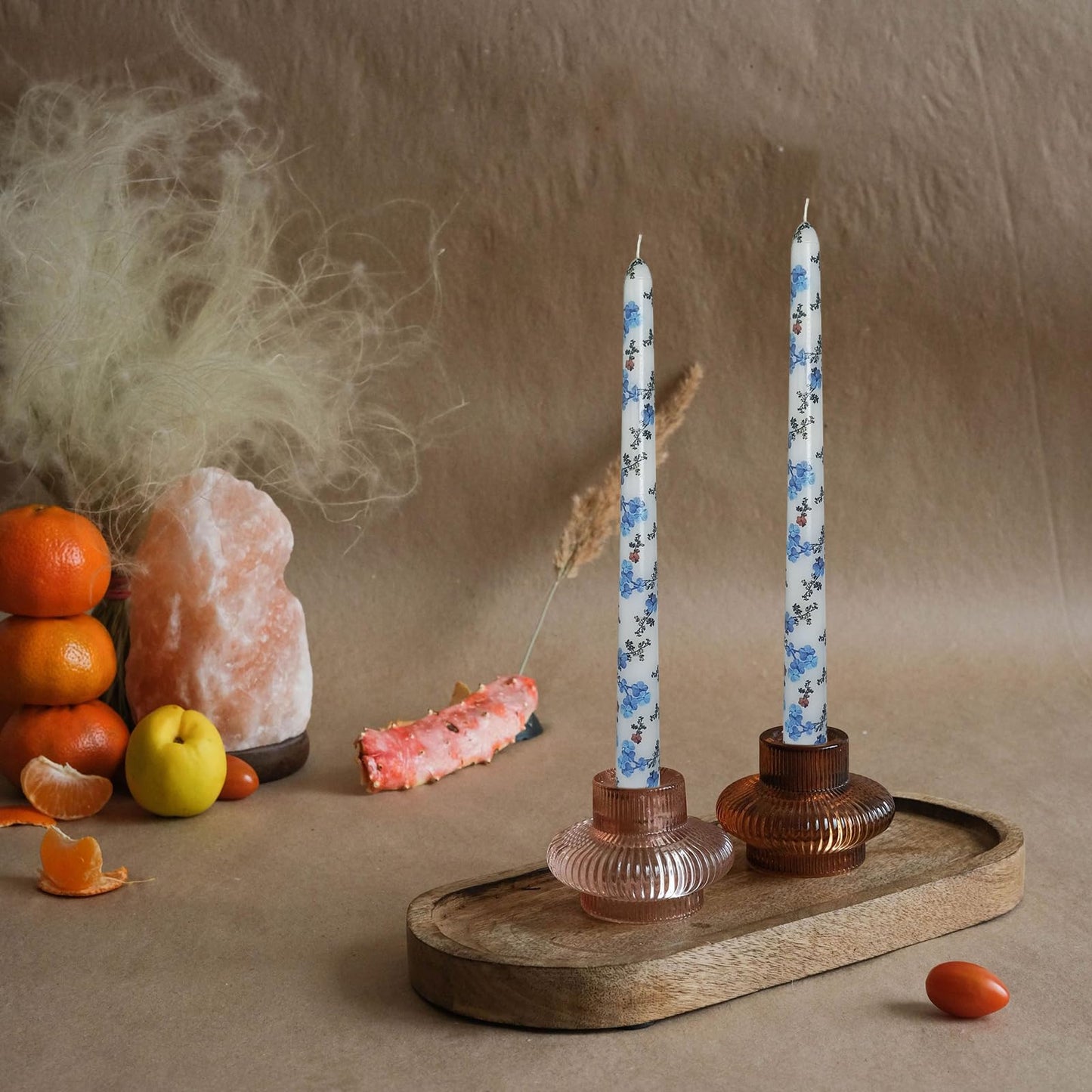 Floral Tapered Candle Forget-me-not Print Candles Handmade Unscented Candlesticks 10 Inch Smokelss Long Candle Sticks for Home Decor & Gifts Set of 4