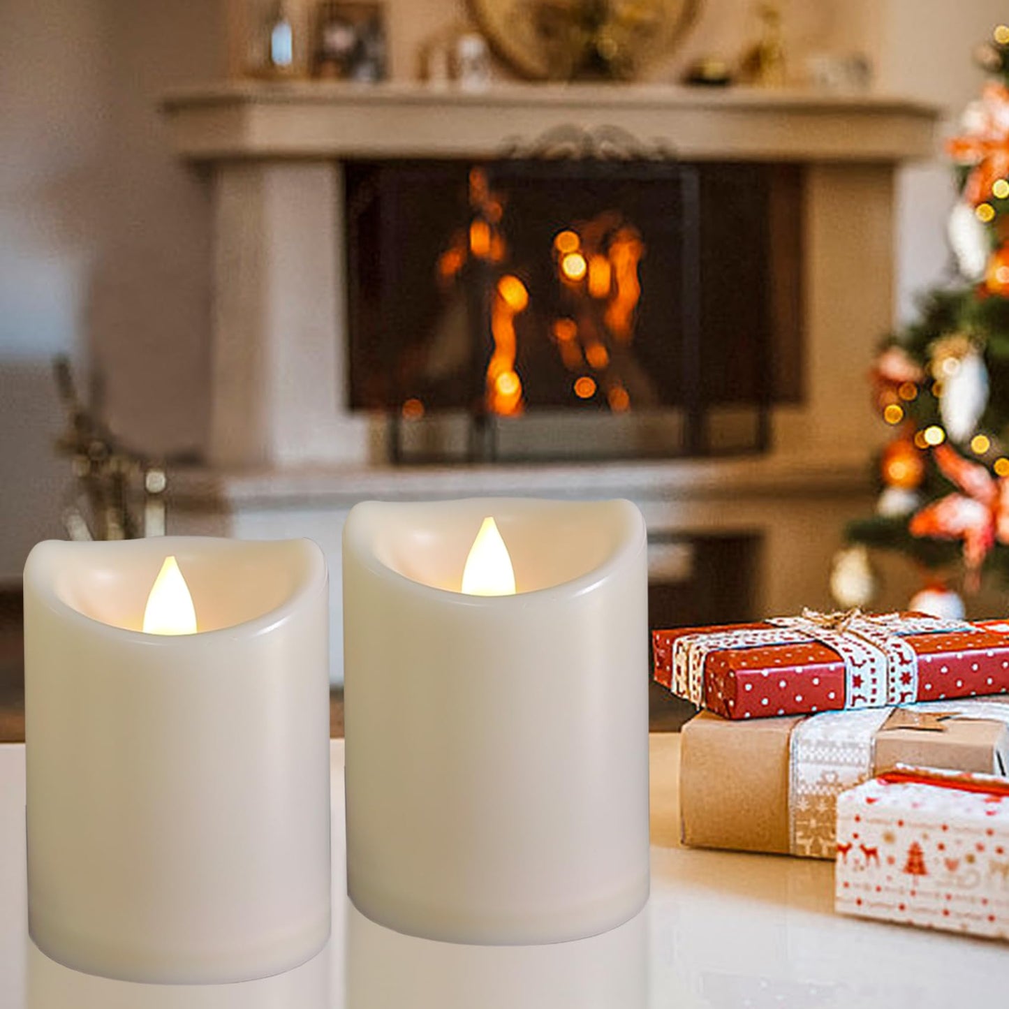 2 Pack Outdoor Battery Operated Candles with Timer (3x4 Inch) Waterproof Flameless Flickering Pillar Candles Plastic LED Fake Candle for Halloween Christmas Decoration Outside Lantern Festival Decor