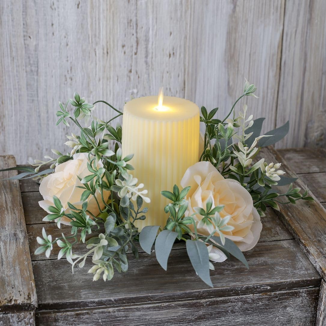 Youshe 4 Pcs Artificial Rose Candle Ring, Valentine's Day Candle Rings Wreaths Mini Floral Garland Wedding Table Pillar Centerpiece for Xmas Home Farmhouse Party Candle Holder Décor (Champagne)