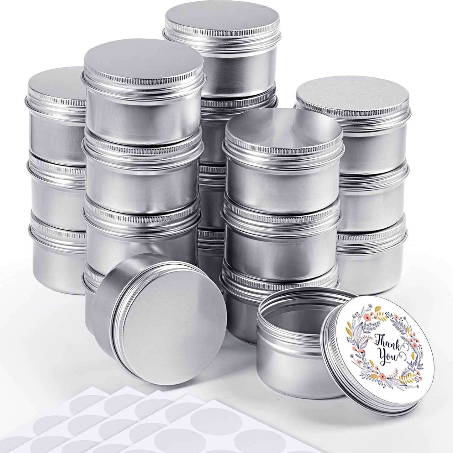 Patelai 36 Pcs 4 oz Metal Round Tins Aluminum Tin Cans Salve Tins Containers with Screw Lid 10 Sheets Stickers for Salve Spice Candies Balms Candles(Silver)