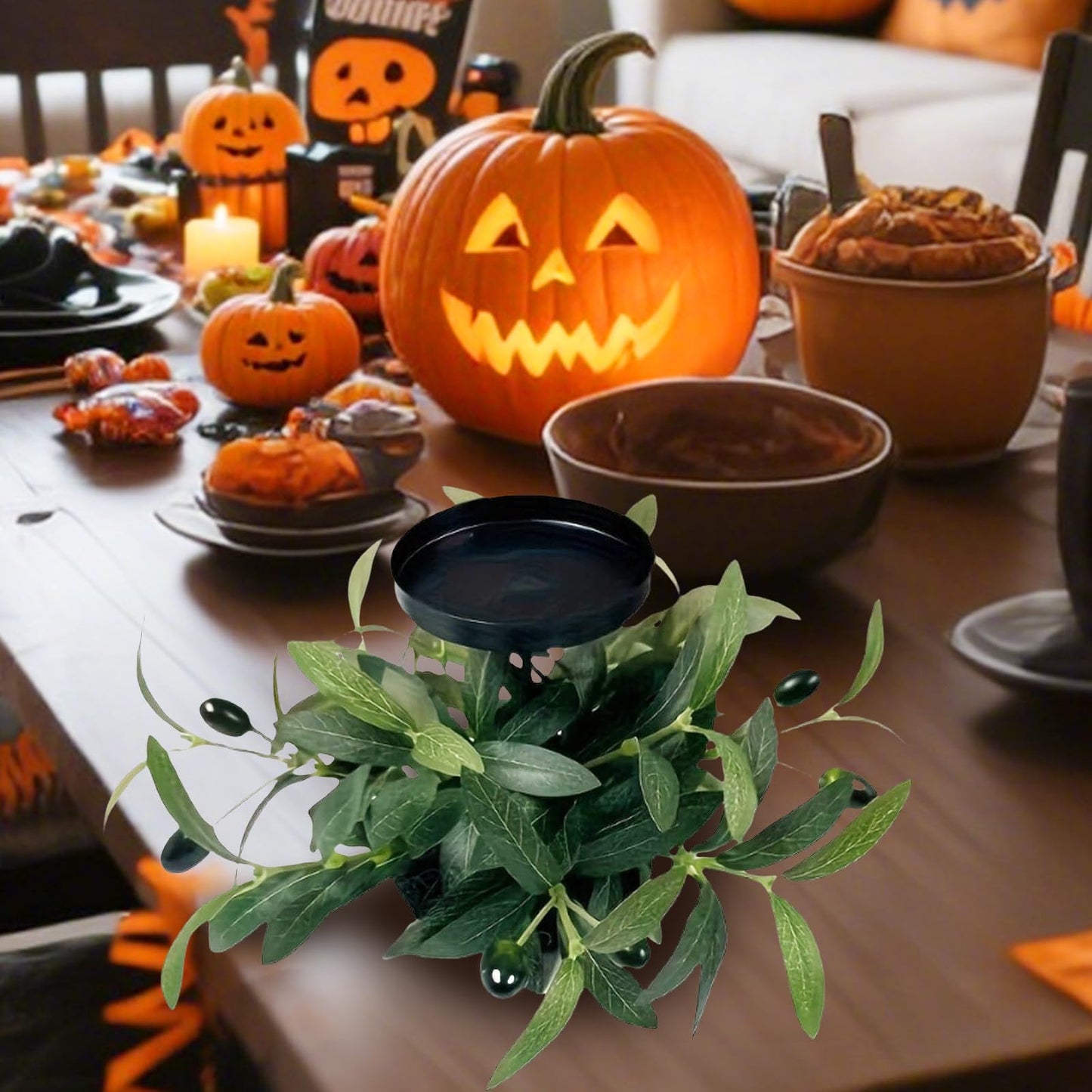 Mini Halloween Wreaths with Plastic Candle Holder, 5.5" Artificial Black Maple Leaves Candle Wreath Floral Twig Candleholder Wreath for Table Centerpieces Decorations