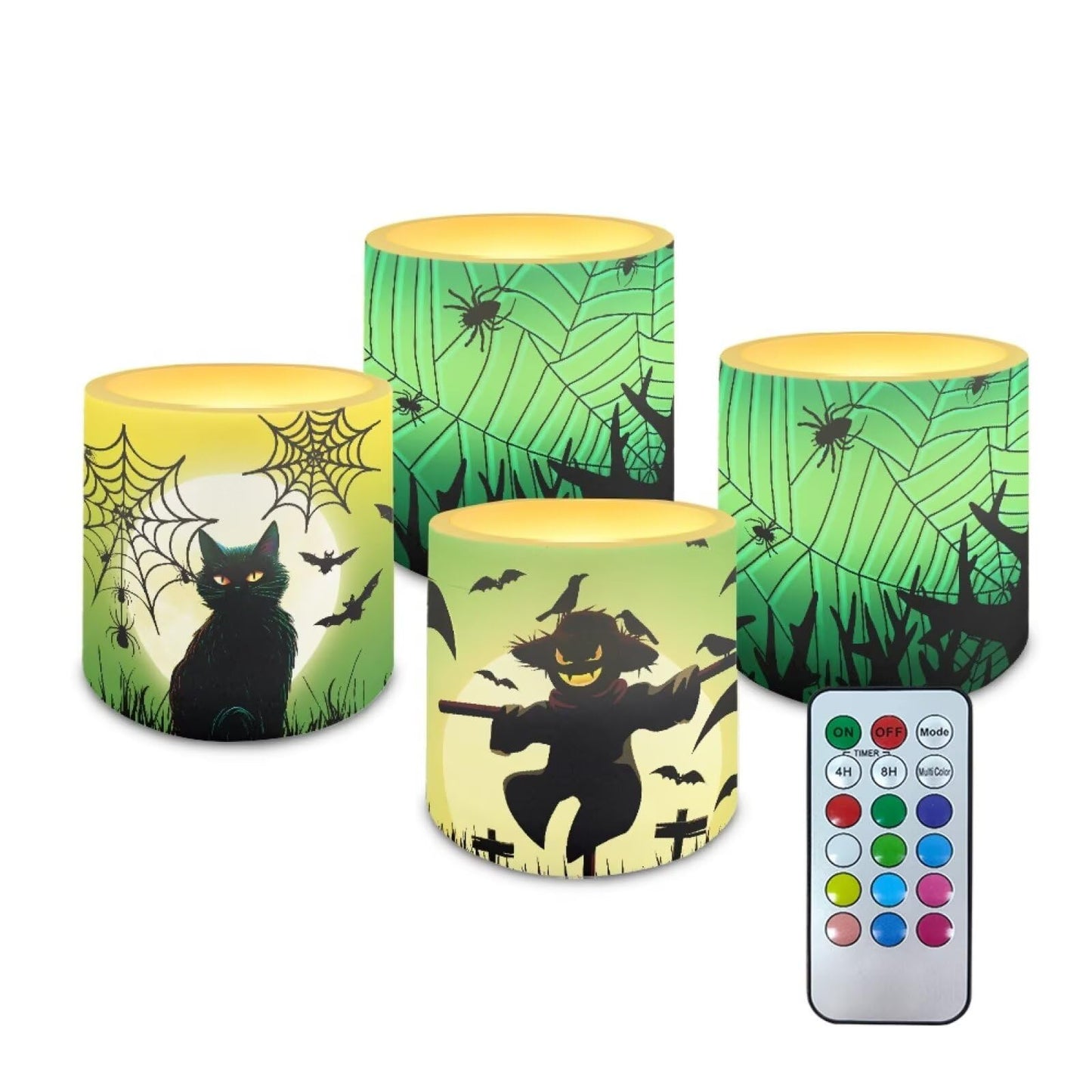 Merkmak Flameless Candles with Remote Battery Operated Candles with Timer Halloween Spider Web Black Cat Pumpkin Print Flameless Pillar Tea Lights for Party Home Decorations