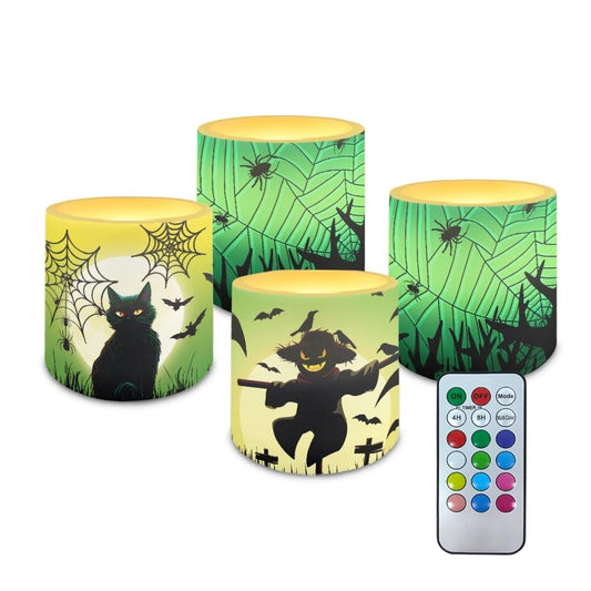 Merkmak Flameless Candles with Remote Battery Operated Candles with Timer Halloween Spider Web Black Cat Pumpkin Print Flameless Pillar Tea Lights for Party Home Decorations