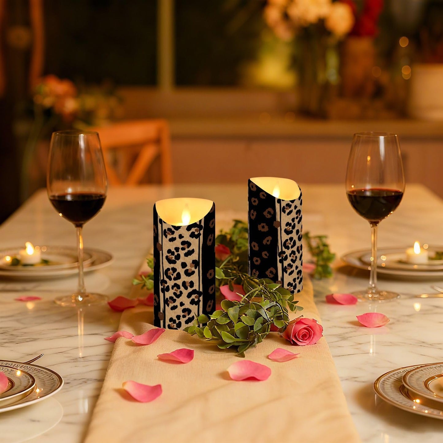 Gravopti Leopard 2 Pack Flameless LED Pillar Candles with Remote & Timer, Battery Operated, Flickering Wax Candle for Wedding, Romantic Home & Party Decor