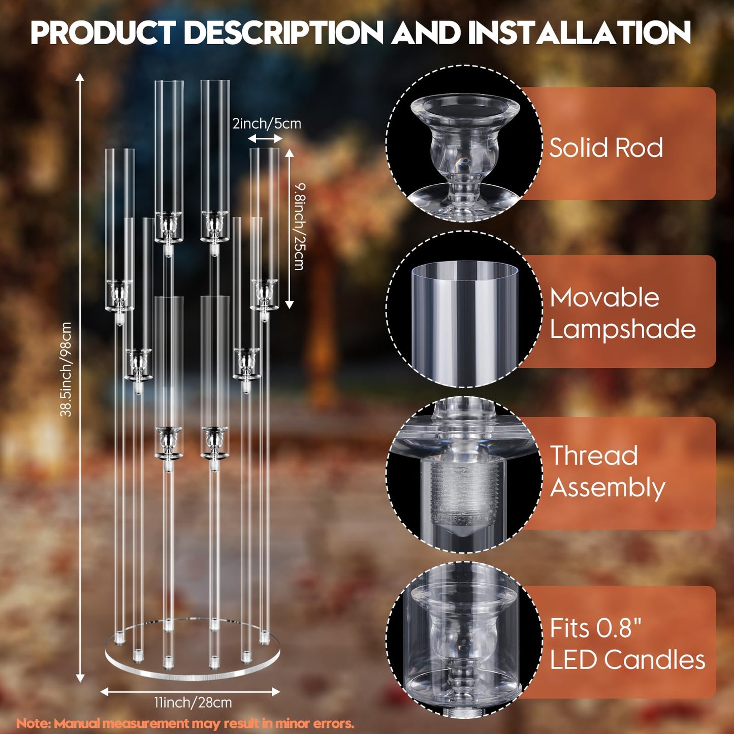2 Sets 8 Arm Acrylic Candle Holder, Mjkeomo 38.5'' Tall Candelabra Centerpieces for Tables Clear Candlesticks Holder with Lampshade for Housewarming Gift Fireplace Dinner Decor Fit 0.82'' LED Candle