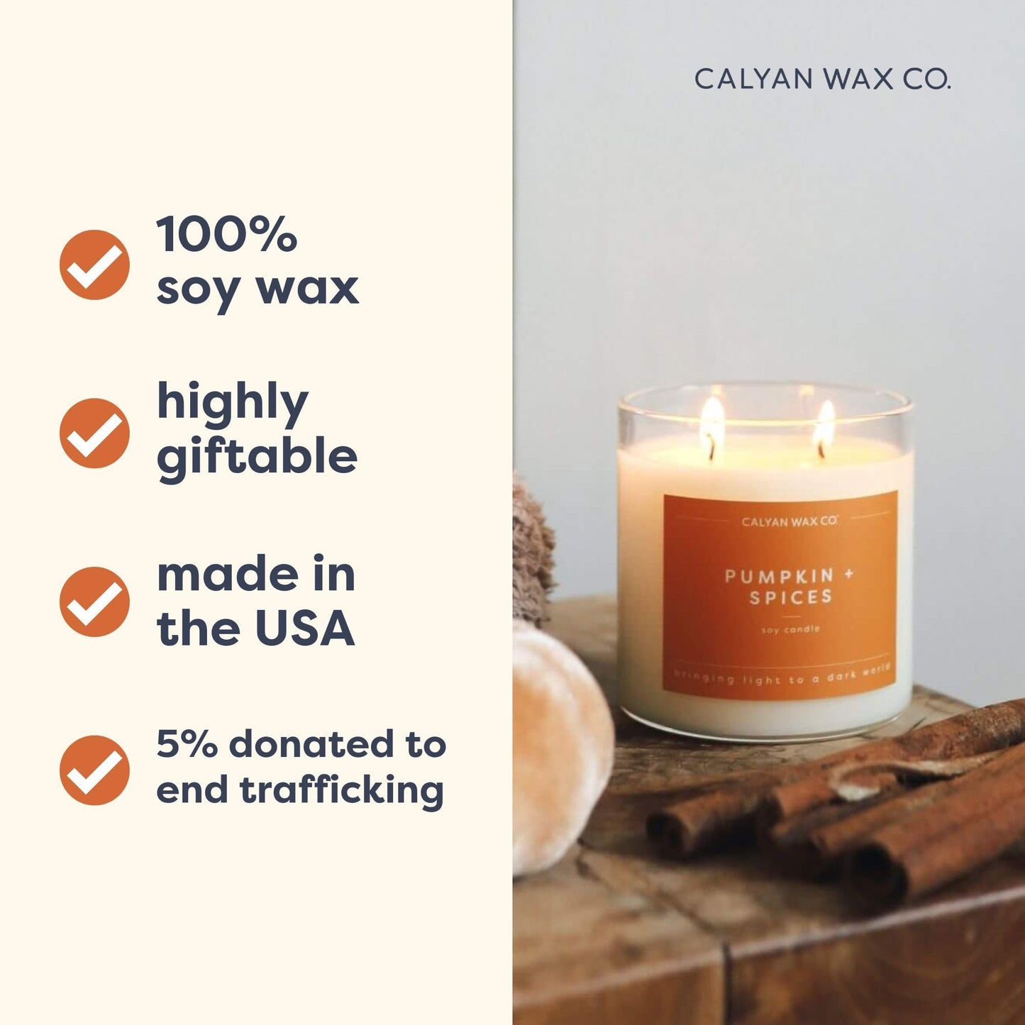 Calyan Wax Co. Pumpkin & Spices 2 Wick Scented Candle - 37 Hour Burn - Luxury Clean Soy Wax Candles - Long Lasting Large Glass Jar Candle for Home - 8.8oz