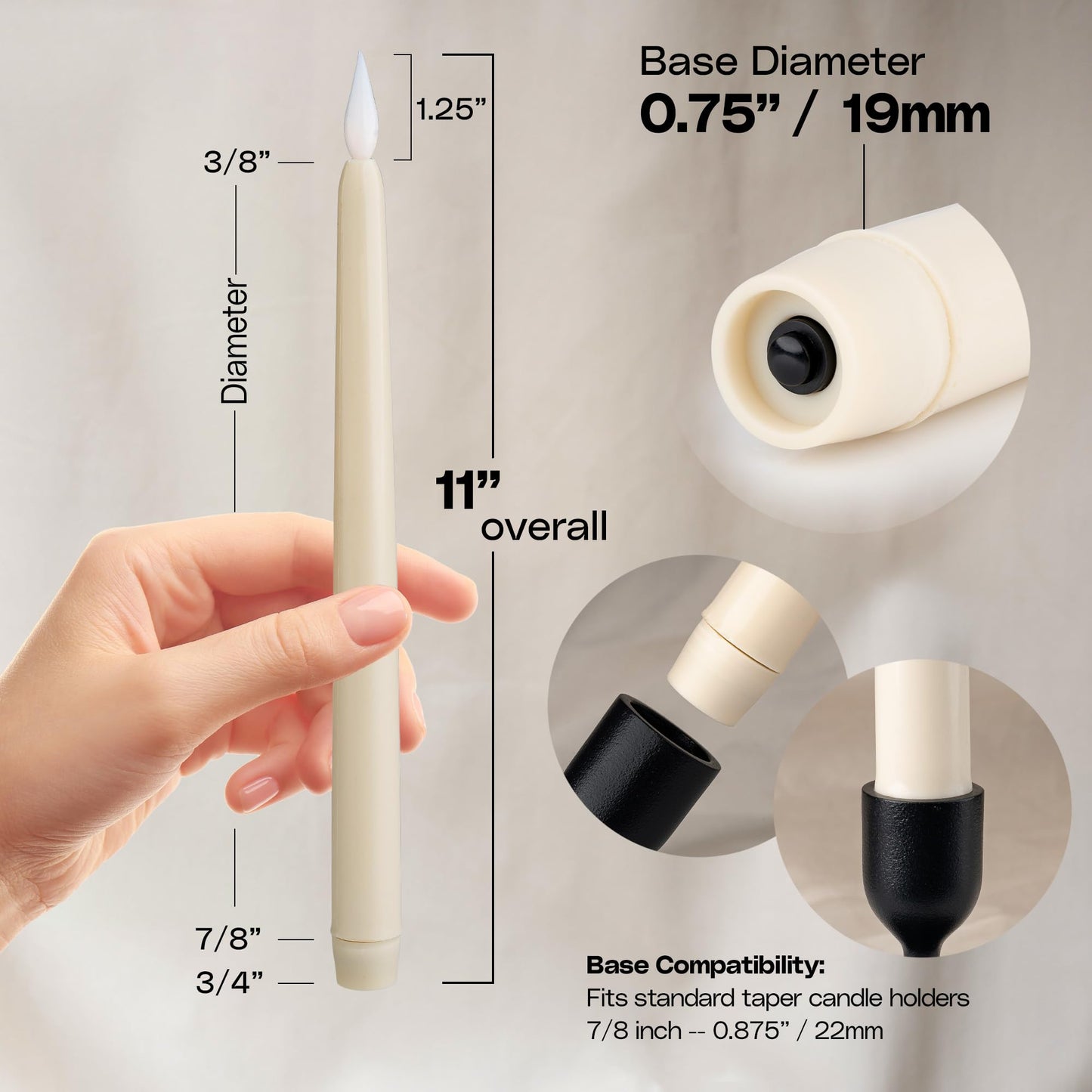 WYZworks 36 Pack, 11" LED Flameless Ivory Taper Flickering Candles Lights, Clickable On/Off Button, Battery Operated Electric Long Tall Candlesticks for Holiday Christmas Candelabra Wedding Window