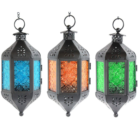 Vela Lanterns Hanging Moroccan Lamp - Exotic Decorative Patio & Porch Decor, Indoor Outdoor Tea Light Candle Lantern Holder with Chain (11" Medium, Blue/Green/Amber Glass, 3-Pack)