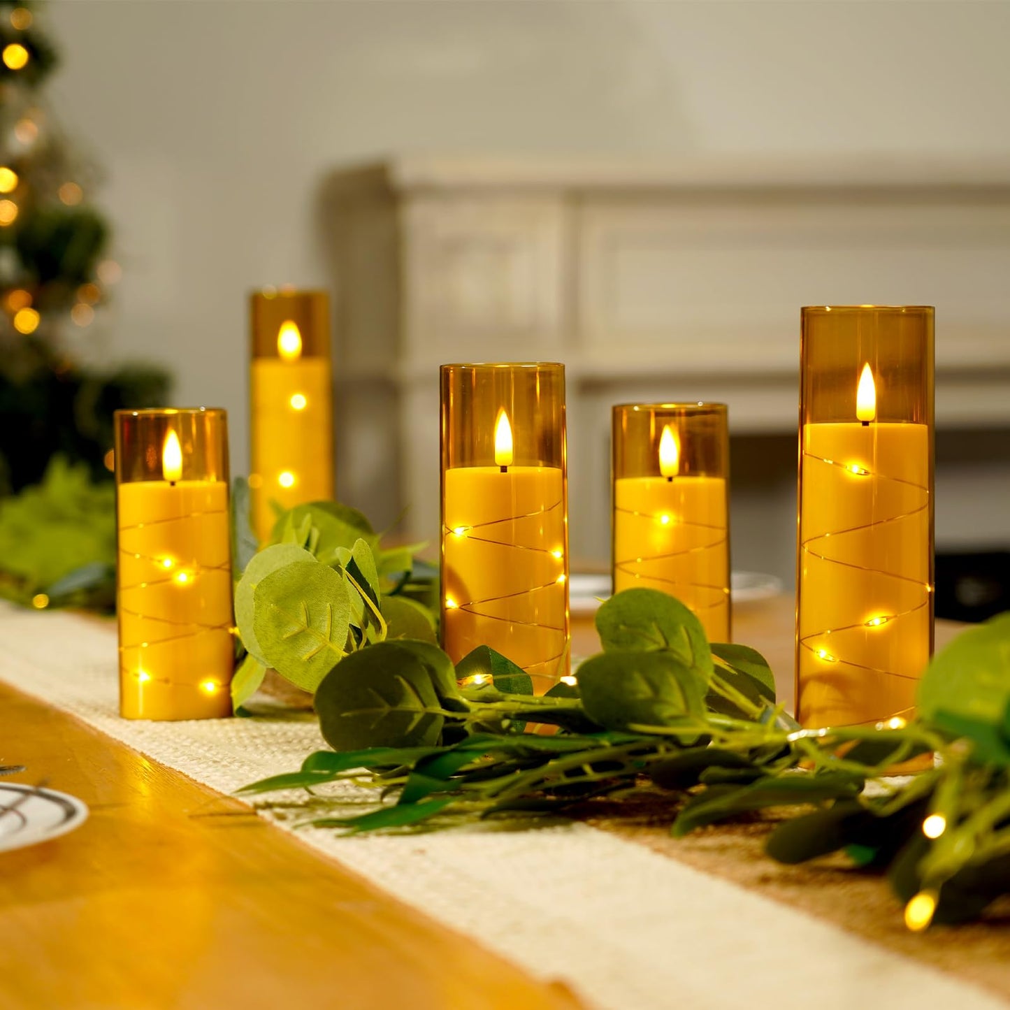 Homemory 12Pcs Flameless Candles with Star String Fairy Lights, Flickering Battery Operated Candles, LED Fake Candles with Remote and Timer, Christmas, Weddings, Home Decor, Gold