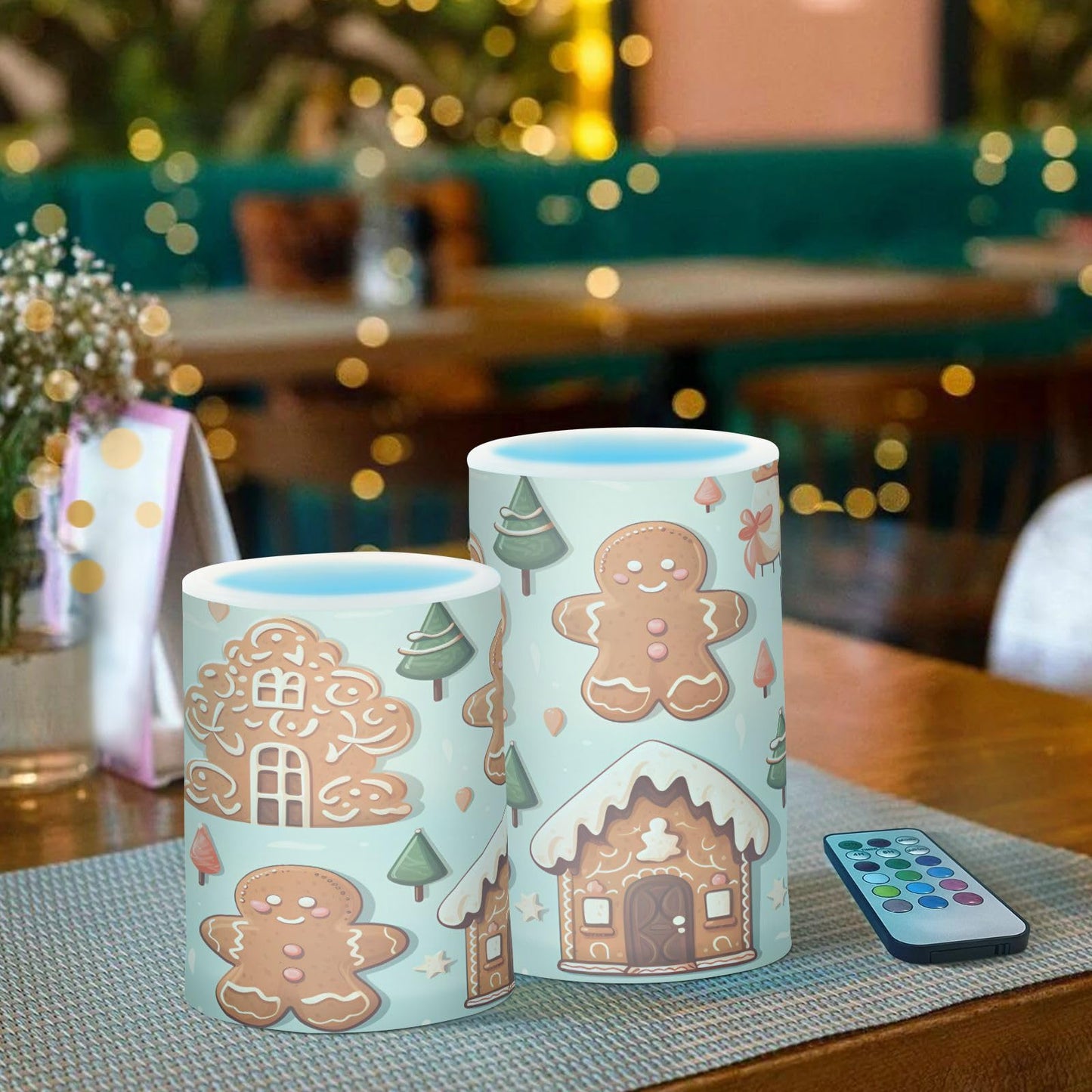ALAZA Christmas Gingerbread House Flickering Flameless Candles Battery Operated with Remote Timer,Tea Light Candles LED Pillar Votive Candles Set of 2 for Outdoor Indoor Decorations