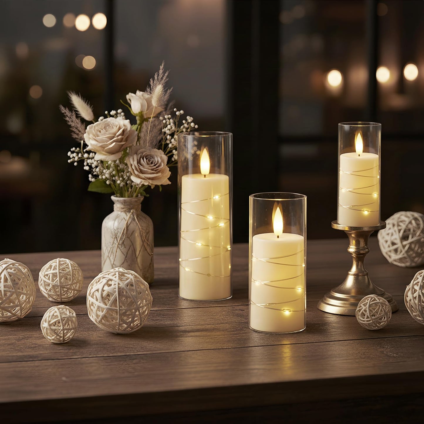 Raycare Flameless Candle with Remote Timer – 5 Flickering Acrylic Battery Operated LED Pillar Candles with Embedded Star String for Halloween, Home Decor, and as a Gift(Ivory)