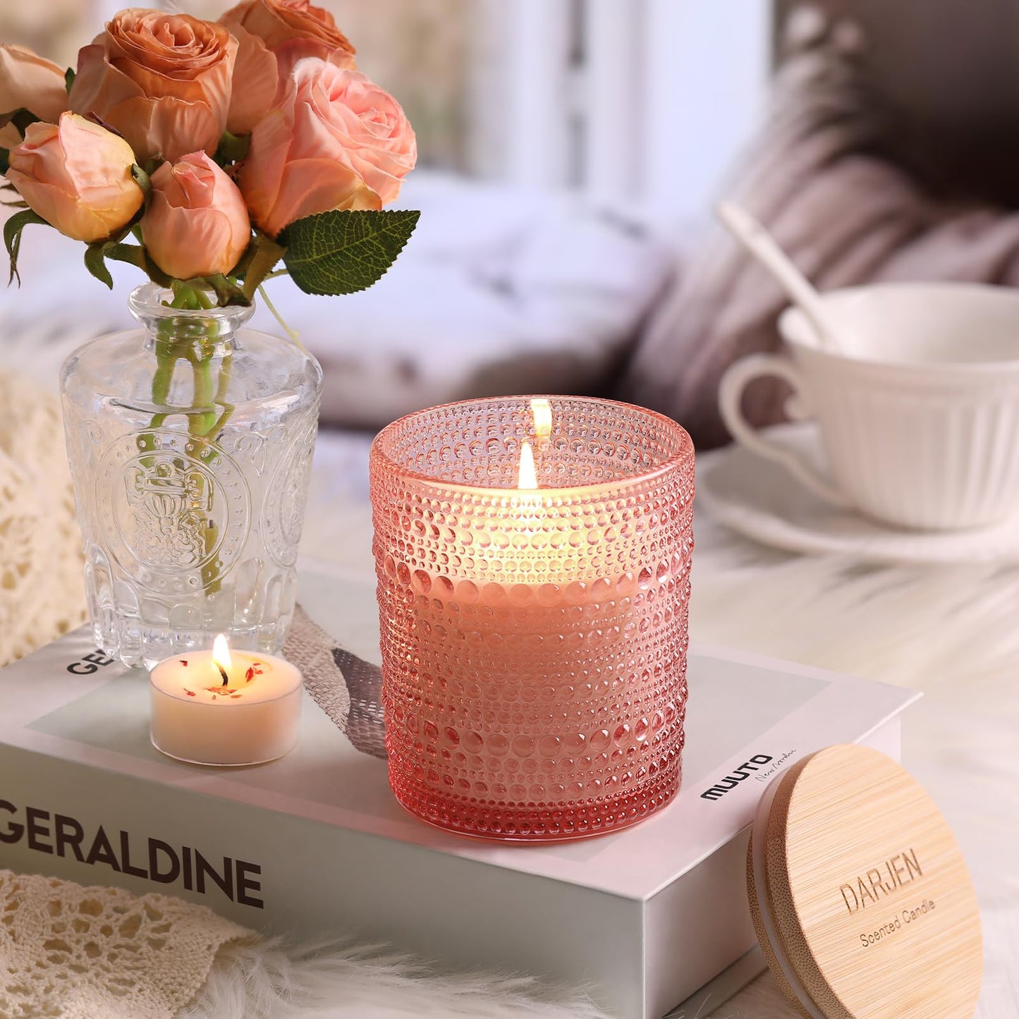 DARJEN Rose Scented Candles for Home- 6.3oz 42H Natural Soy Wax Aromatherapy Jar Candlet, Decorative Aesthetic Candles for Master Bedroom, Date Nights, Self-Care Sunday, Luxury Gift for Women