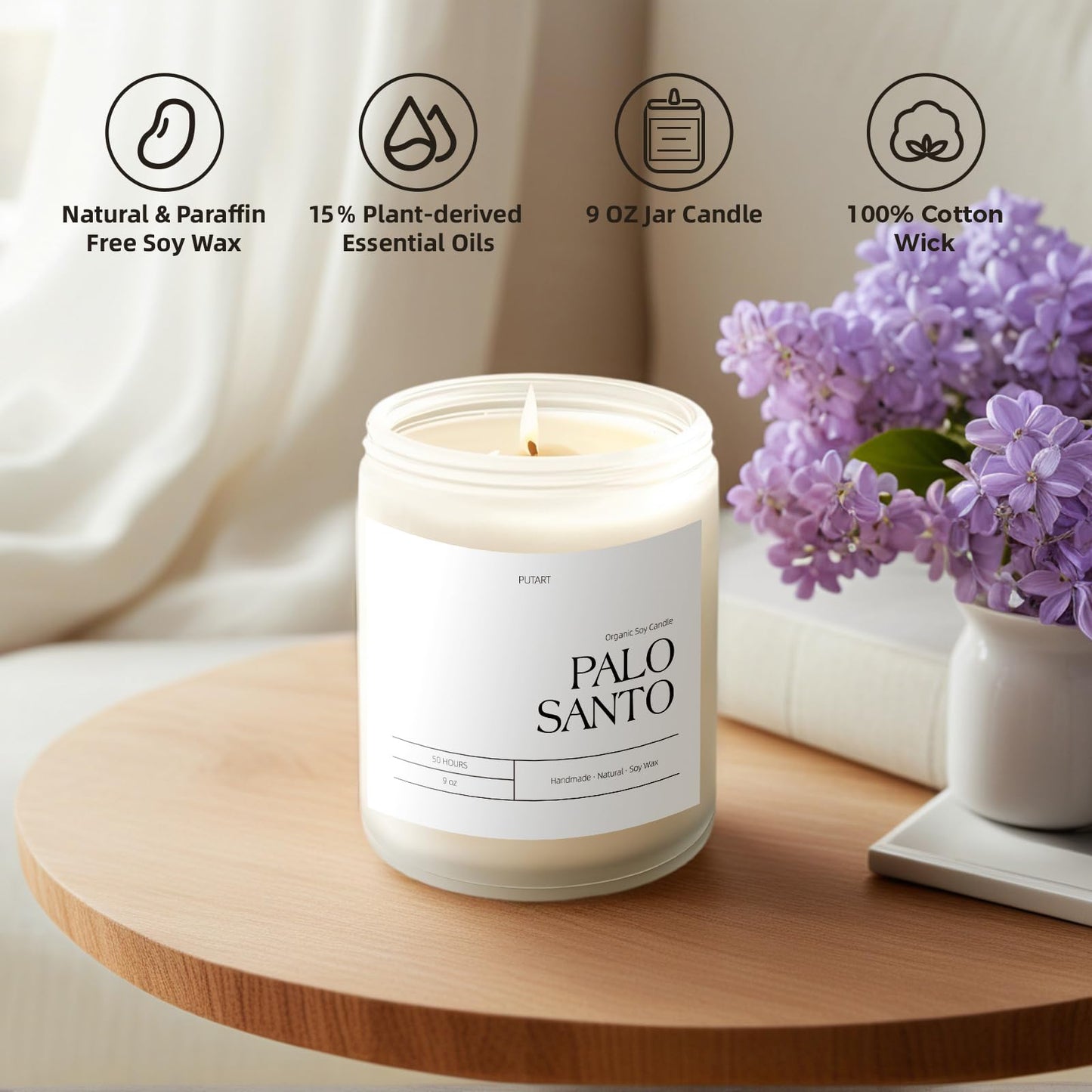 Putart Palo Santo Highly Scented Candle for Home, 9oz Natural Soy Aromatherapy Non Toxic Candles with Essential Oil, Home Fragrance Stress Relief & Meditation Jar Candles Gifts for Women & Men, White
