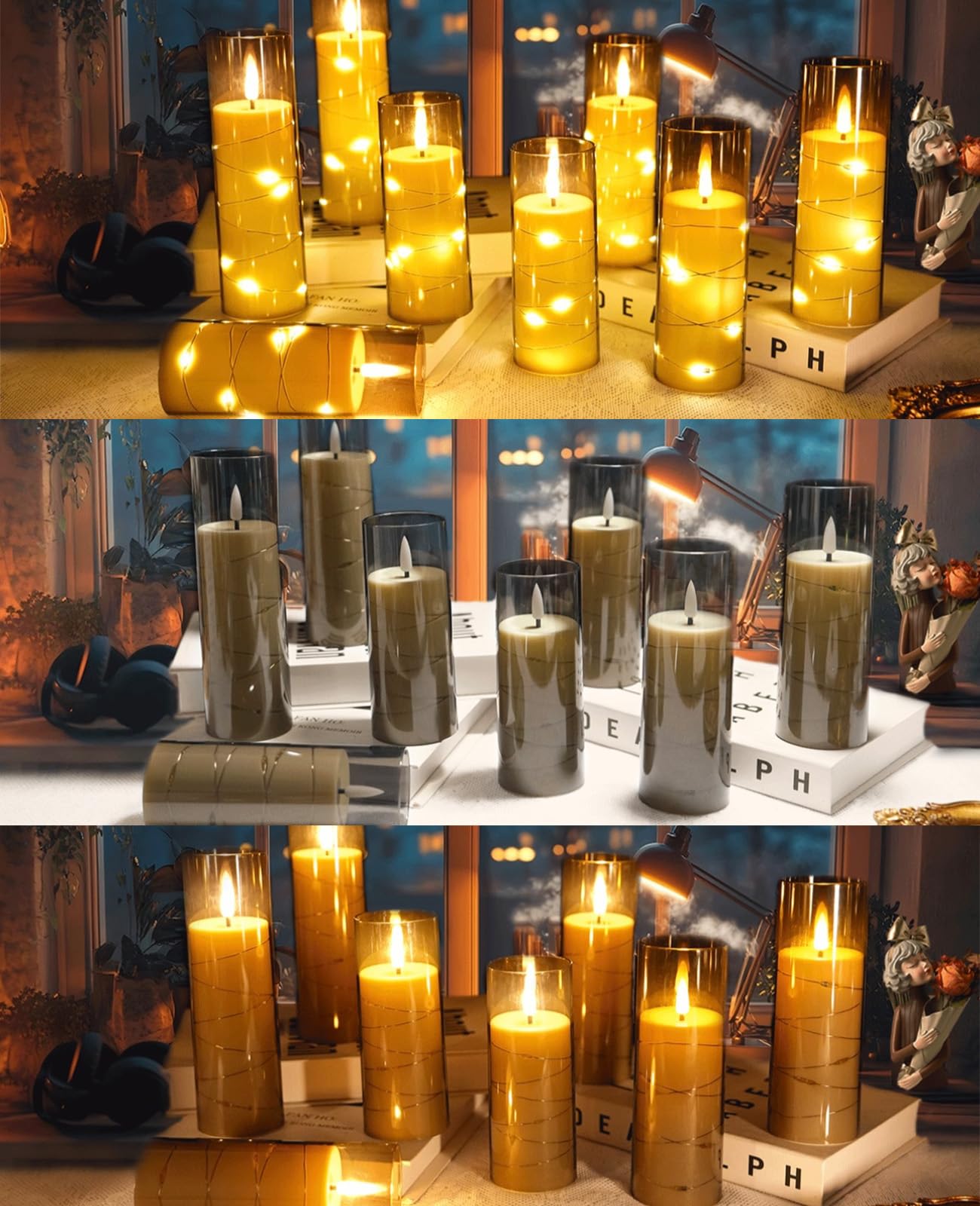 ACROSS Grey Flameless Candles with String Lights Battery Operated LED Pillar Candles 5‘’ 6‘’ 7‘’ 8‘’ Candle with Remote Control,Fake Candle Set of 12 for Special Festivals Decorations