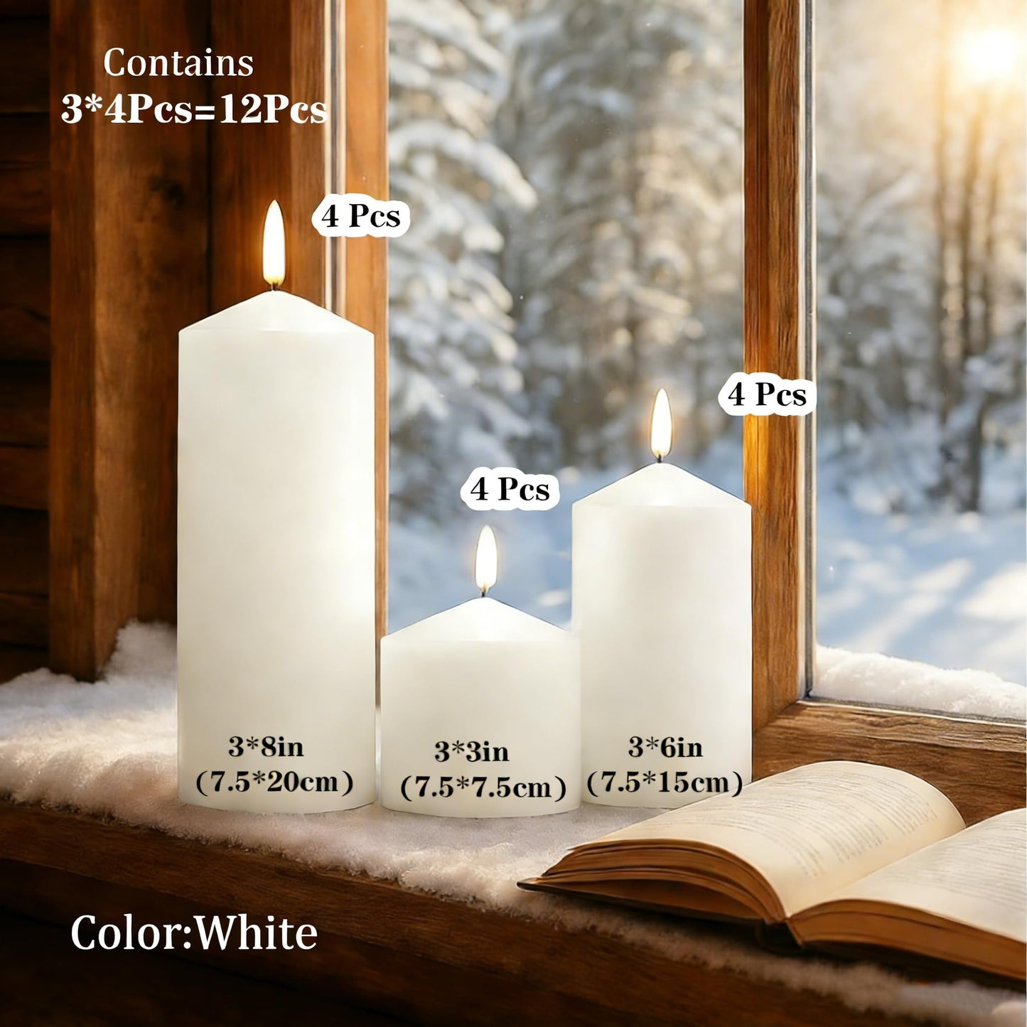 Trxvxo White Pillar Candles Bulk Set of 12, 3 Different Lengths 3 x 3/6/8 Inch (4 Each), Hurricane Candles, Dripless Unscented Smokeless, Gives You a Better Atmosphere When Organizing an Event Party.