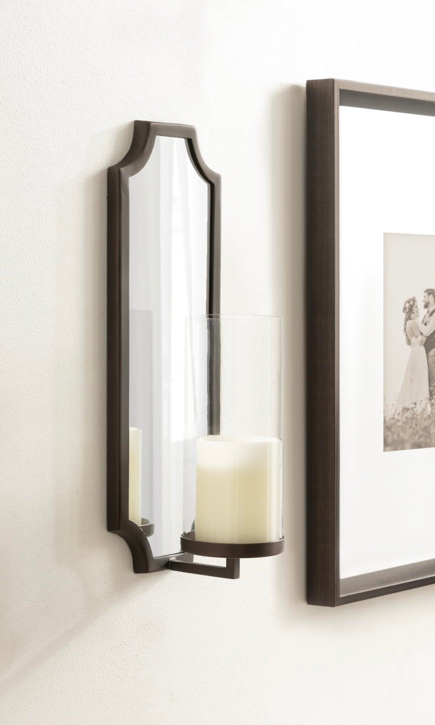 Kate and Laurel Ciel Glam Mirrored Wall Sconce, 6 x 5 x 16, Bronze, Modern Scalloped Candle Holder with Removable Glass Cylinder and Mirror for Bathroom or Bedroom Wall Decor