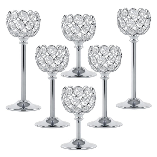 Crystal Candle Holders 2 Set of 6 - Sliver Vintage Hollow Ball Candle Stand for Table Centerpiece, Crystal Metal Tealight Candlestick for Wedding, Dining Room Decor