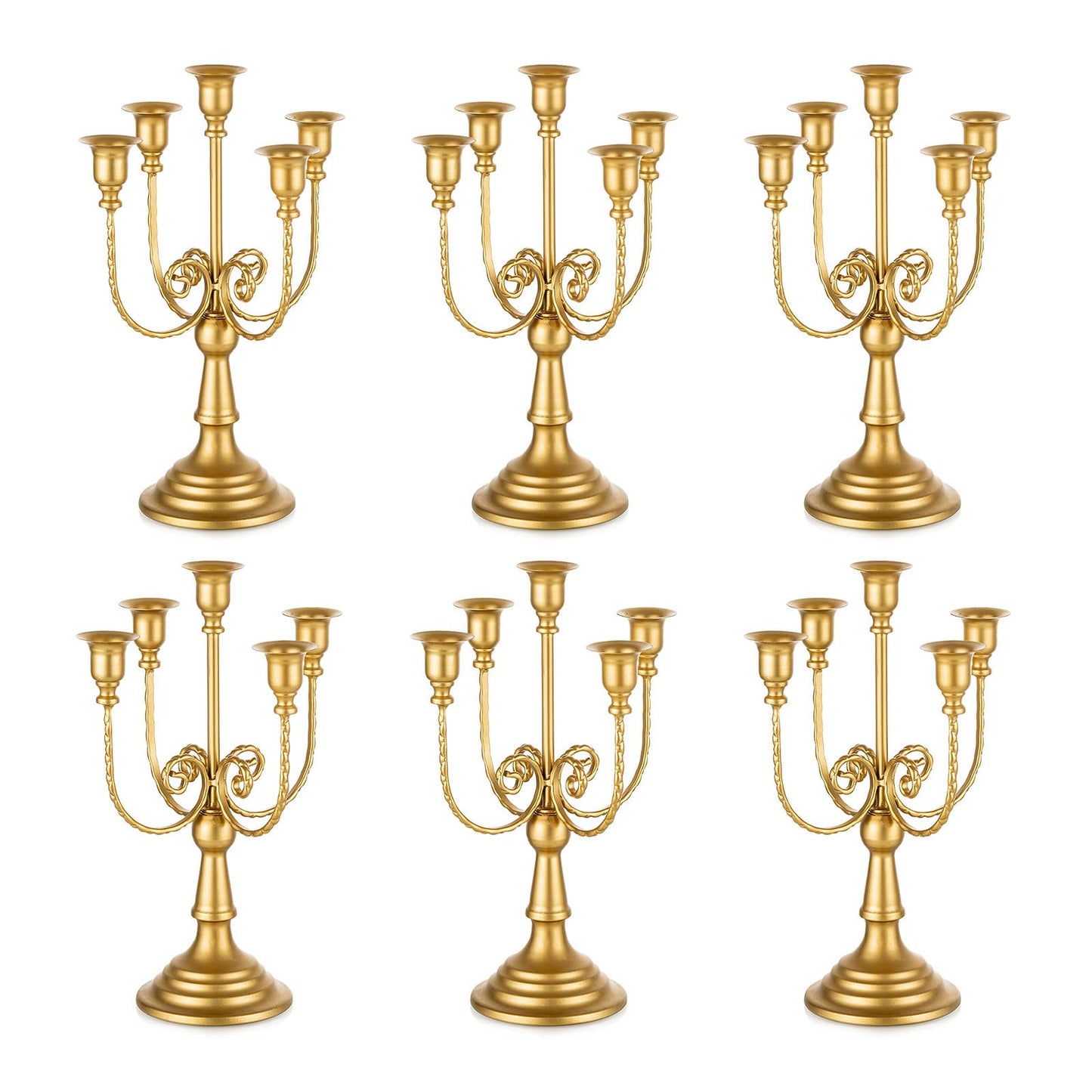 Romadedi Candelabra Gold Candle Holders - 5 Arm 11.8" Wedding Candlestick Holder for Theme Party Table Centerpiece Decor Dining Room Birthday Holiday Christmas, Set of 6