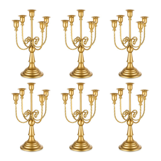Romadedi Candelabra Gold Candle Holders - 5 Arm 11.8" Wedding Candlestick Holder for Theme Party Table Centerpiece Decor Dining Room Birthday Holiday Christmas, Set of 6