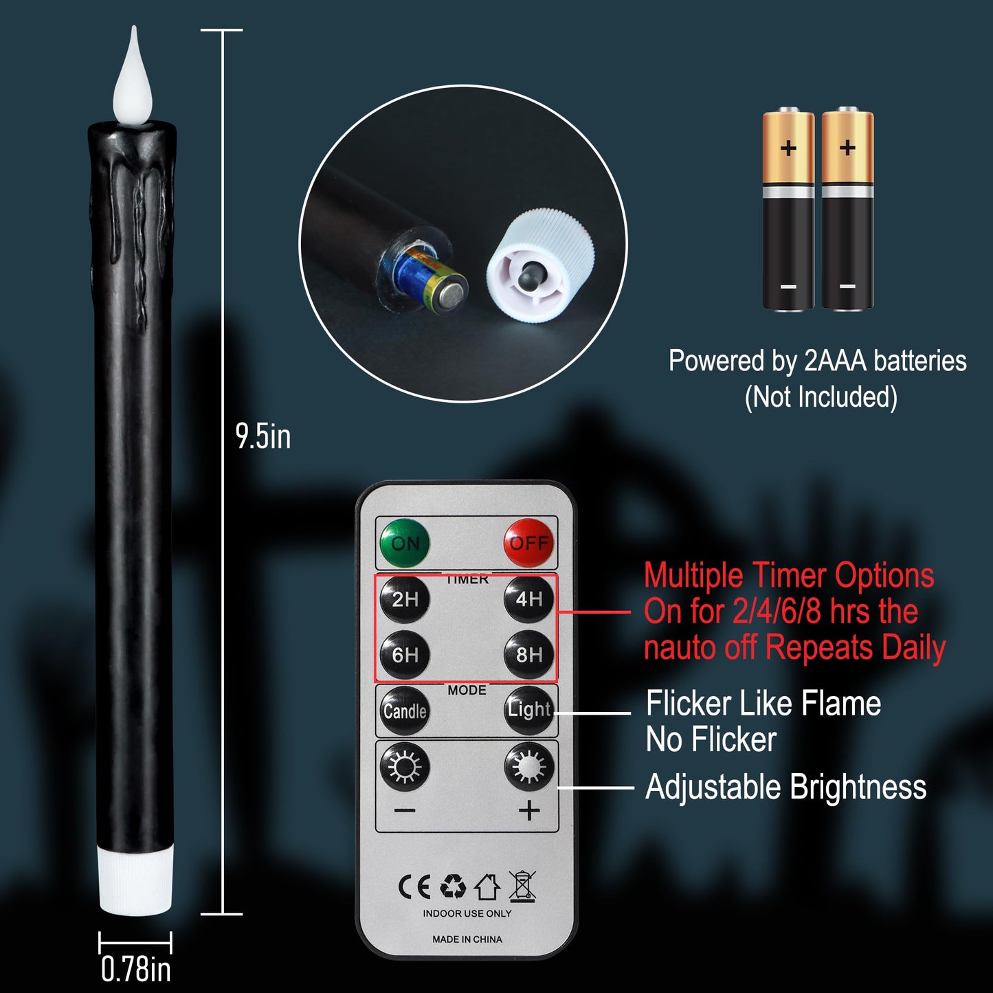 yunsheng 6Pcs Black Flameless Taper Candles with Remote Timer, 9.5 Inches Real Wax Battery Operated LED Candles, 3D Wick Warm White Flickeing Candle for Halloween Party Home Decor