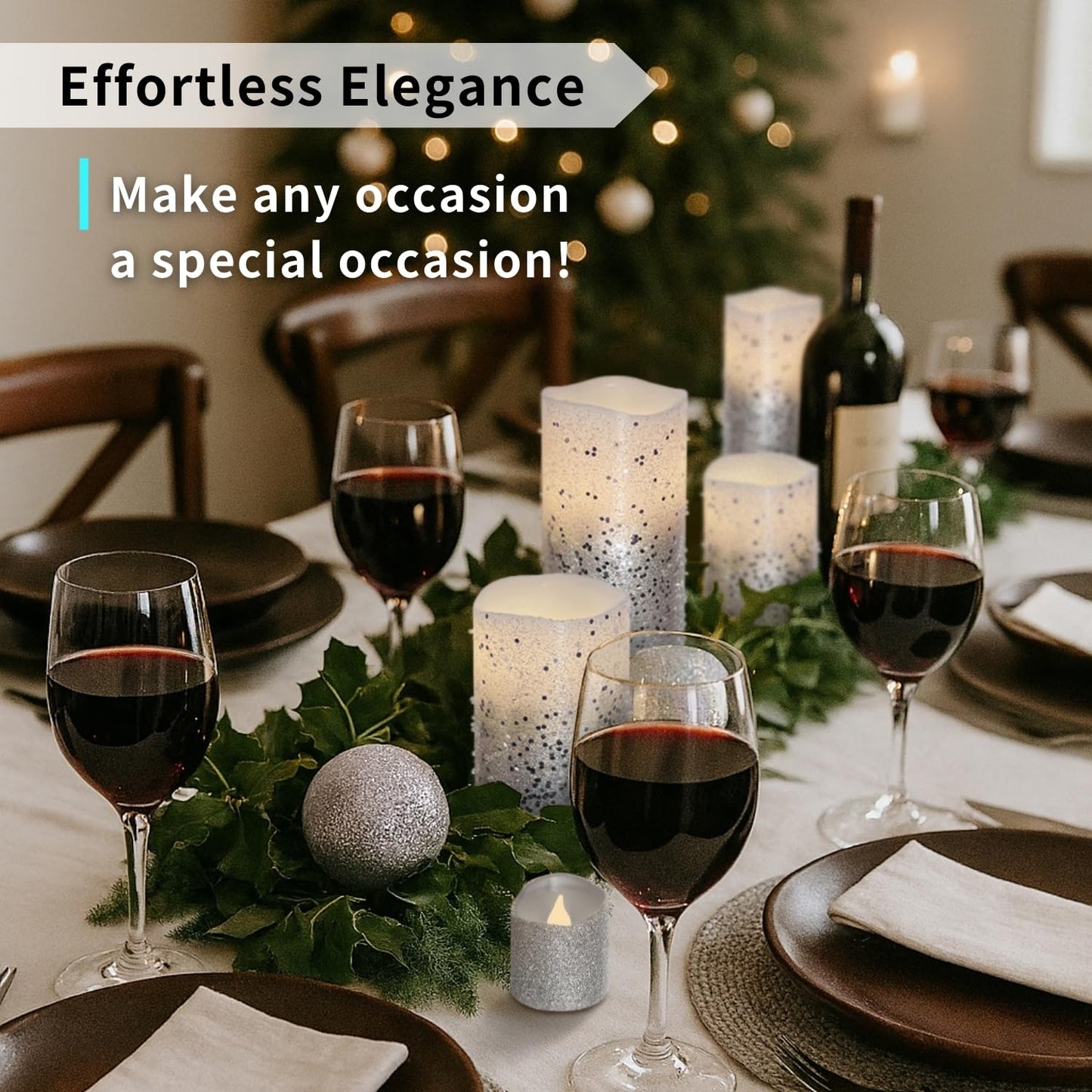 FURORA LIGHTING Silver Glitter Flameless Candles - Real Wax, Adjustable Brightness, Remote & Timer - 4 Pillars (3x4, 3x6) and 4 Votives, 8-Pack, Battery Operated