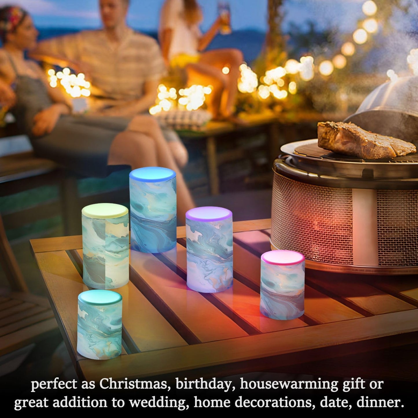BOENLE Flickering Flameless Candles, Turquoise Blue Marble Texture LED Candles with Remote Timer, Set of 2 Battery Operated Candle for Valentine Wedding Birthday