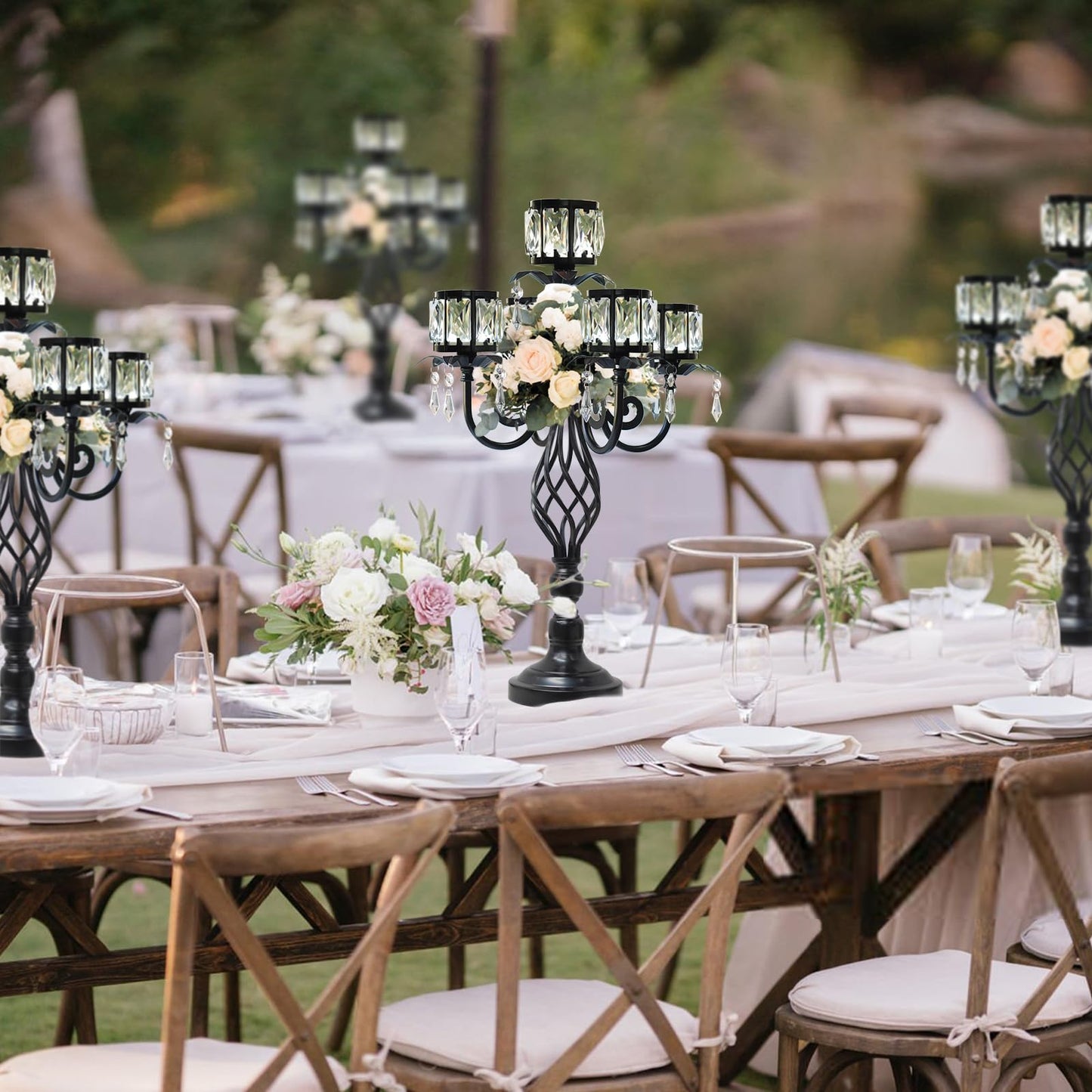 23.2 inch Tall Elegant and Chic 5 Arm Pendant Crystal Candlestick Holder Table Decoration tealight Candle Holder, Candelabra for Gorgeous Wedding/Parties Table Centerpiece (1, Black)