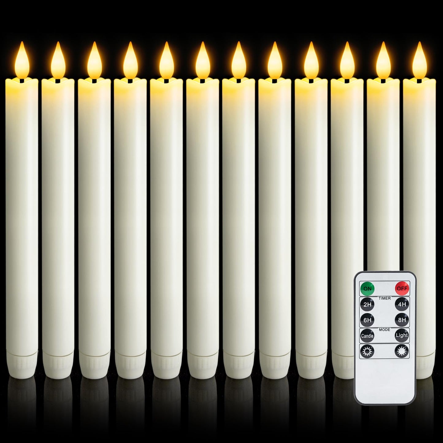 Meigic 12 Pcs Flameless Taper Candles with Remote Timer, Battery Operated Window Candles, White Plastic LED Candlesticks, for Wedding Halloween Christmas Church Decor, 9.6 inches
