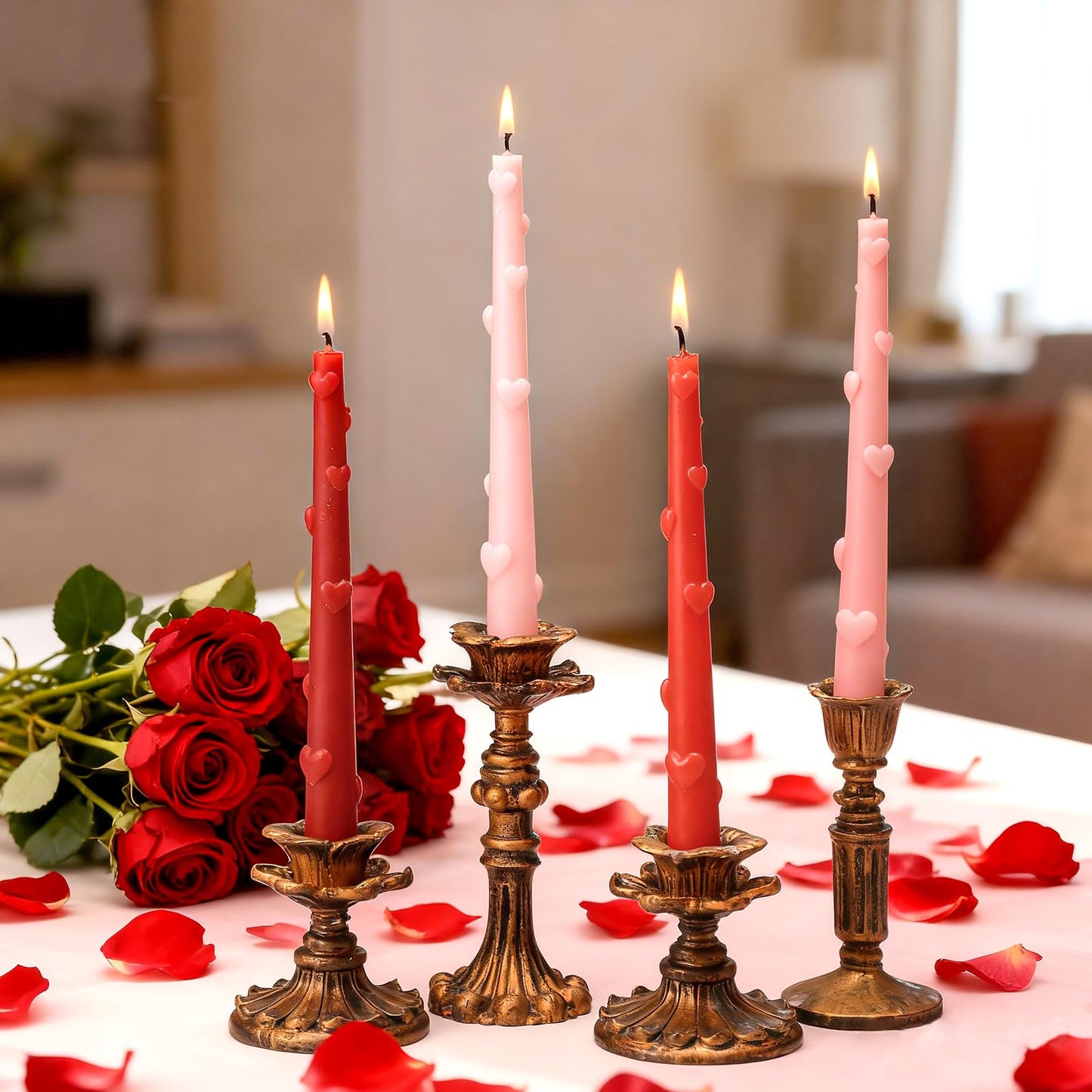 Nuanchu 4 pcs Valentine Heart Taper Candles 3D Heart Pillar Candles 10 Inch Red Pink Long Tapered Candlesticks Unscented, Smokeless, Dripless for Birthday Christmas Dinner Wedding Party Home Decor