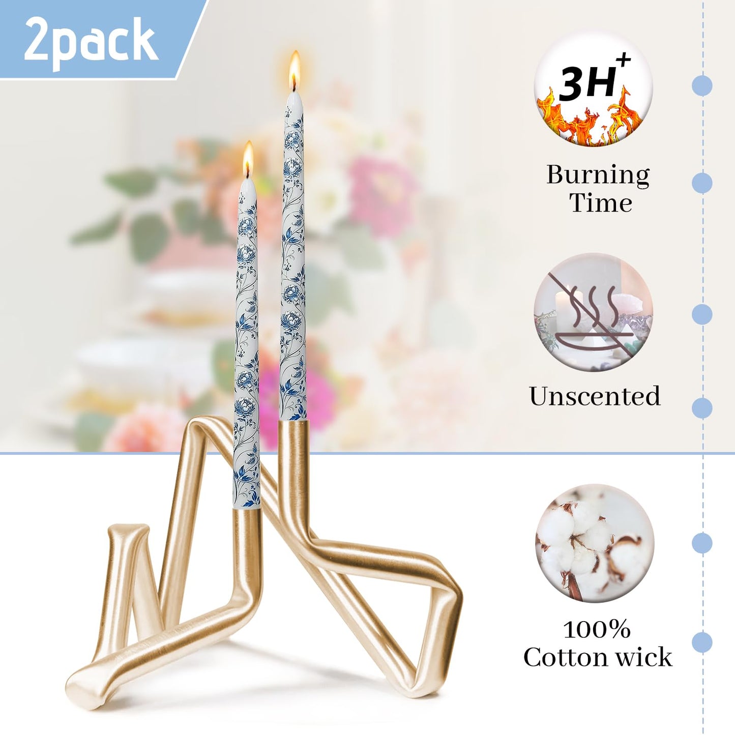 Chinoiserie Floral Candle Sticks 10 Inch Taper Candle Long Candlesticks Peony Printed Tapered Candles,Set of 2 for Home Wedding Holiday Party Decor