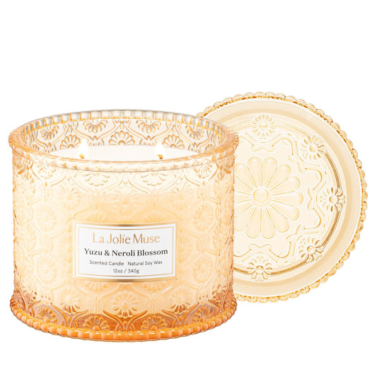 LA JOLIE MUSE Yuzu & Neroli Scented Candles for Home | 2-Wick Non Toxic Natural Soy | Luxury Large Jar Candle Gifts for Women | Citrus Orange |12 oz