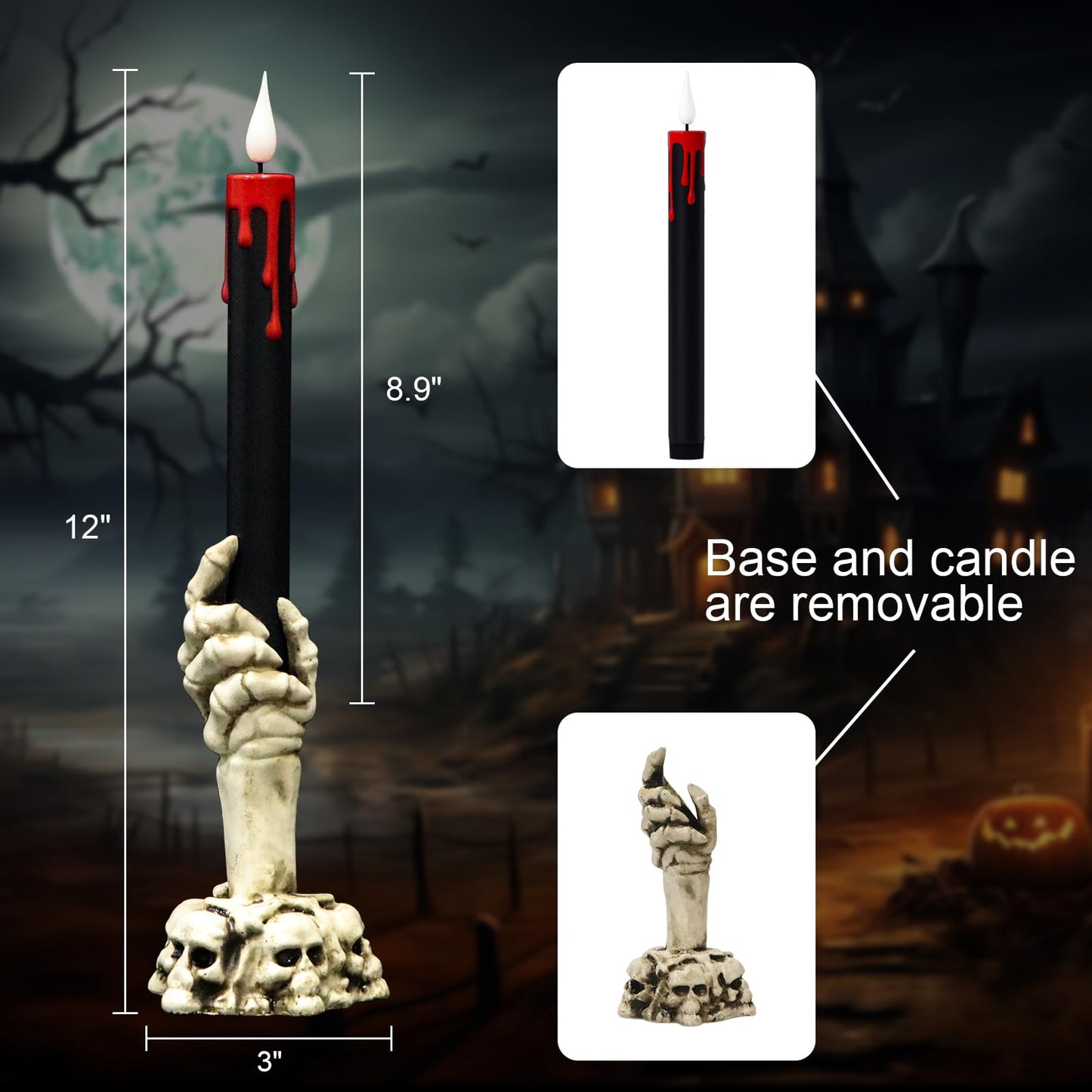 Lasumora Halloween Black Flameless Taper Candles Flickering with Remote Timer, Battery Operated Led Taper Candle, 2 Pcs Drip Wax Candlesticks with Skull Hand Candle Holder for Halloween Decorations