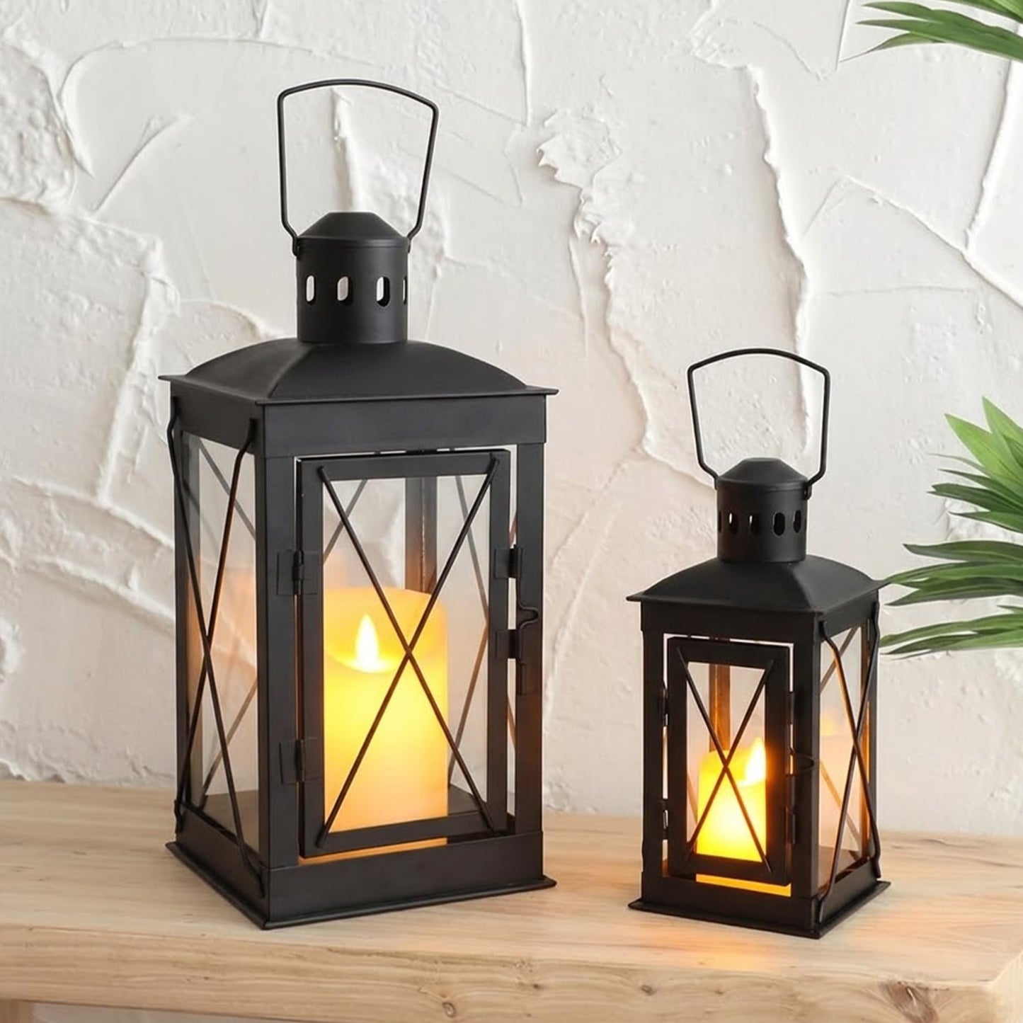 TRIROCKS Set of 2 Decorative Candle Lantern 12'' & 8'' High Metal Candle Holder Hanging Lantern Perfect for Home Decor Patio Living Room Parties Events Tabletop Indoors Outdoors (Black)