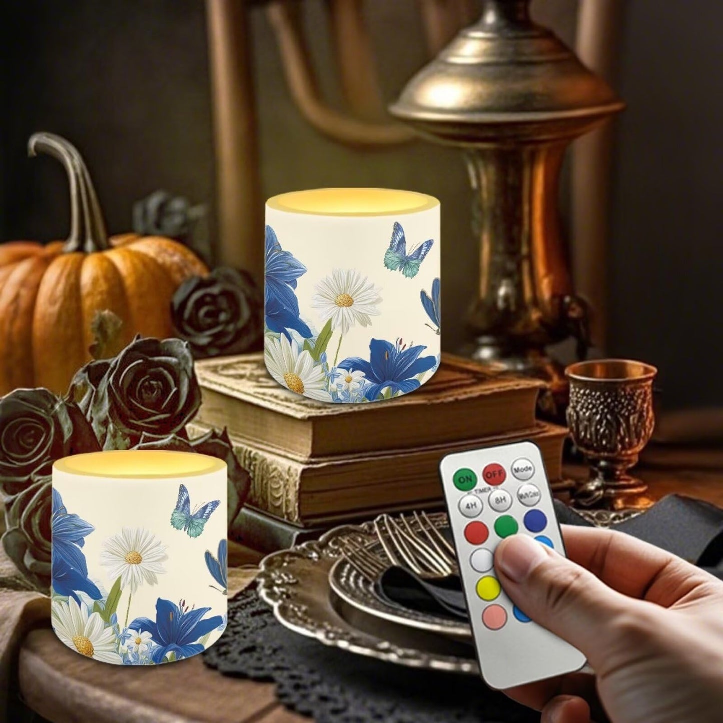Cozeyat Blue Floral LED Flameless Candles Set of 4 Battery Powered with Remote Timer Flickering Flame Waterproof for Indoor Outdoor Home Decor