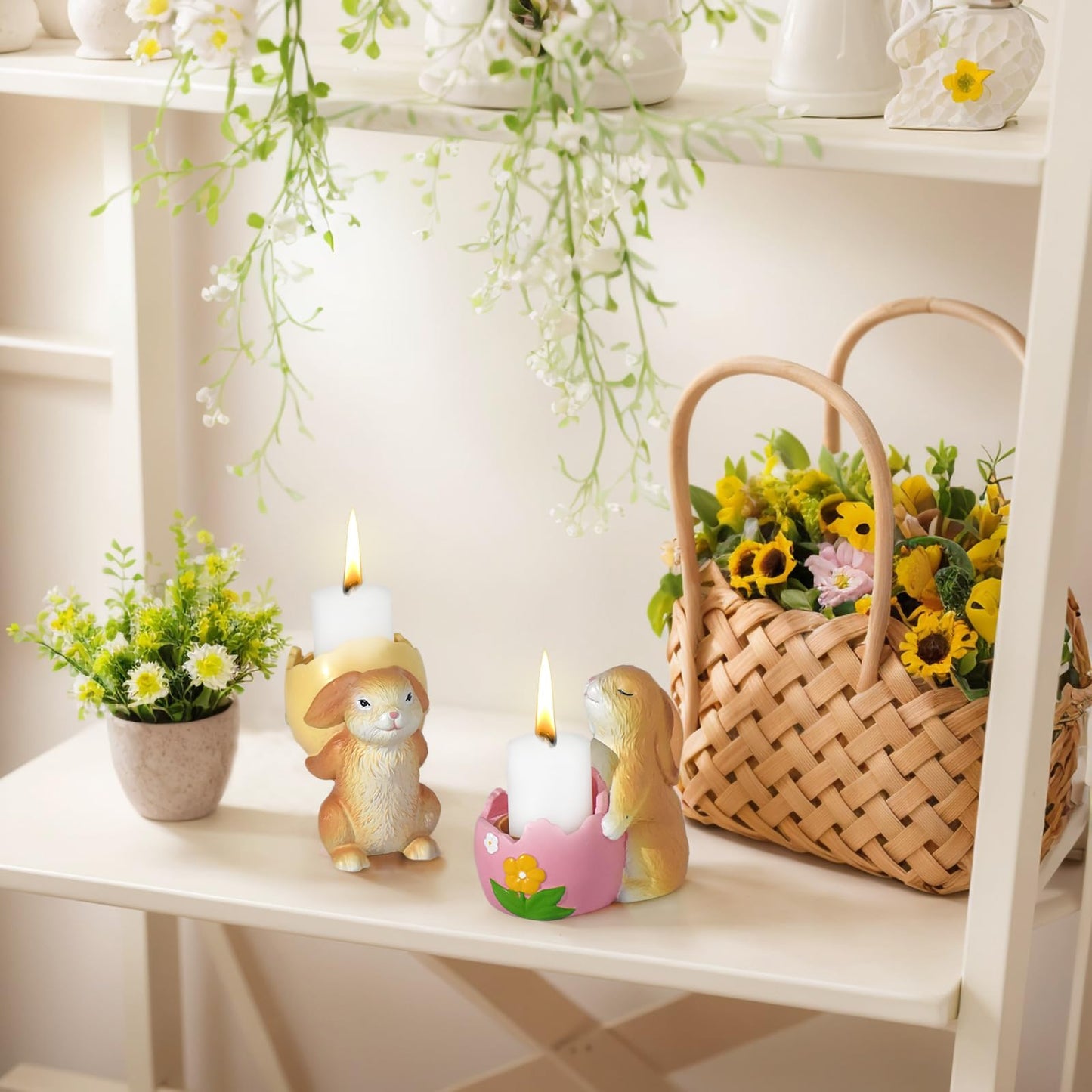 AMOYYT Easter Bunny Decorations Indoor Easter Bunny Figurines 3.5 inch Rabbit Figurines Home Decor 2Pcs Resin Rabbit Candle Holder Table Mantel Spring Decoration for Mom