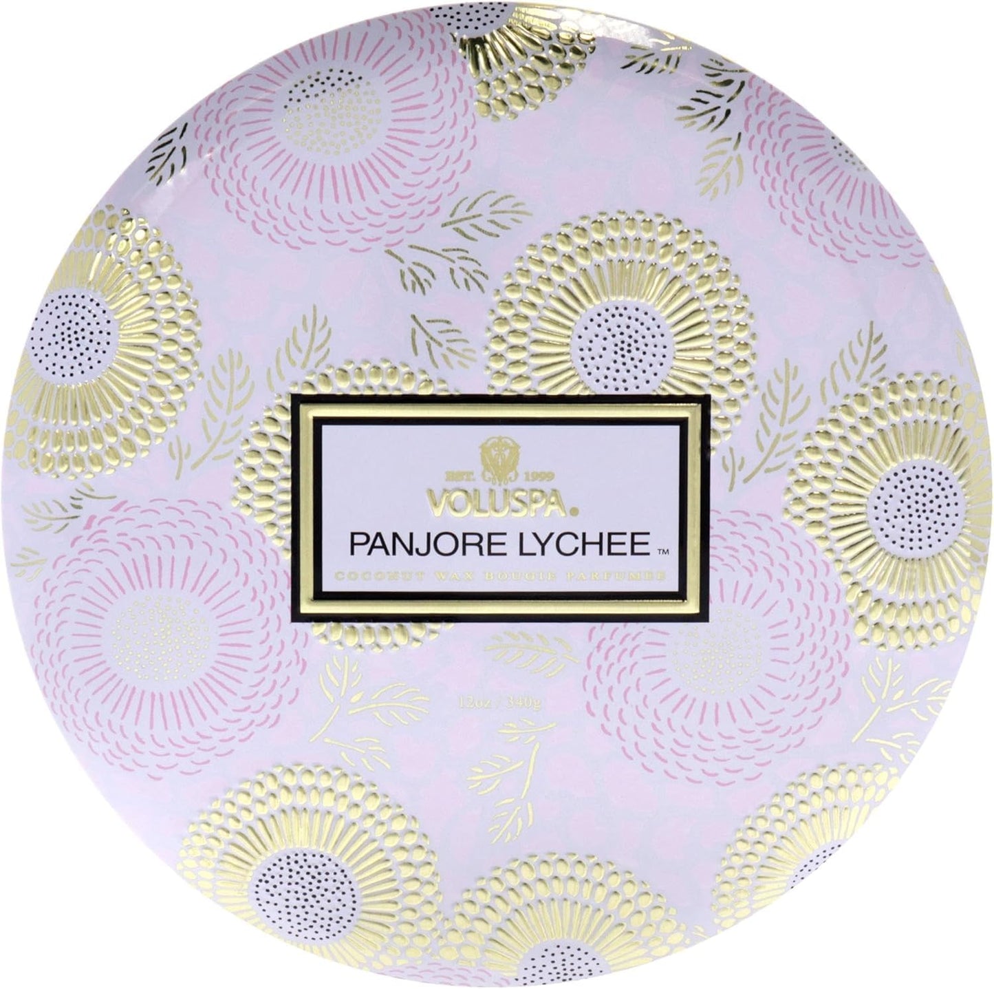 Voluspa Panjore Lychee, 3 Wick Tin Candle, 12 ounce, 40 Hour Burn Time, Coconut Wax for Clean Burning, Handcrafted in the USA