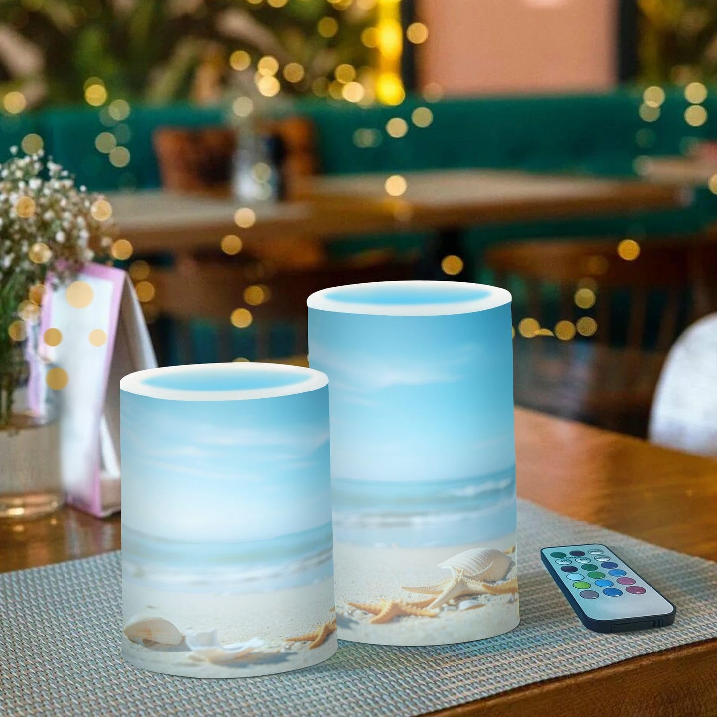 ALAZA Shells Beach Seashores Summer Flickering Flameless Candles Battery Operated with Remote Timer,Tea Light Candles LED Pillar Votive Candles Set of 2 for Outdoor Indoor Decorations