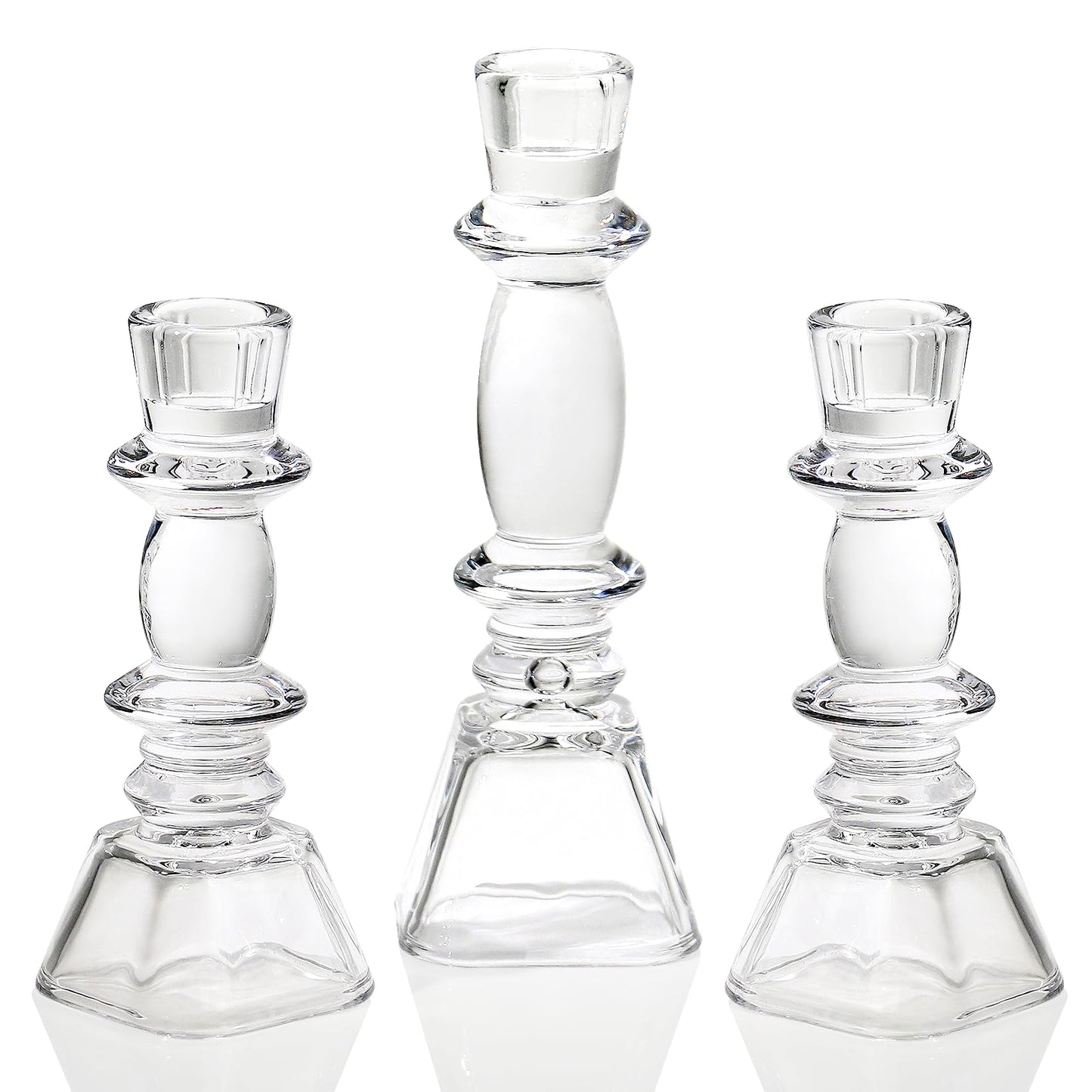 CHOCSTAY Glass Candlestick Holders Set of 3, Clear Taper Candle Holders for Table Centerpiece, Home Decorations, Wedding and Party