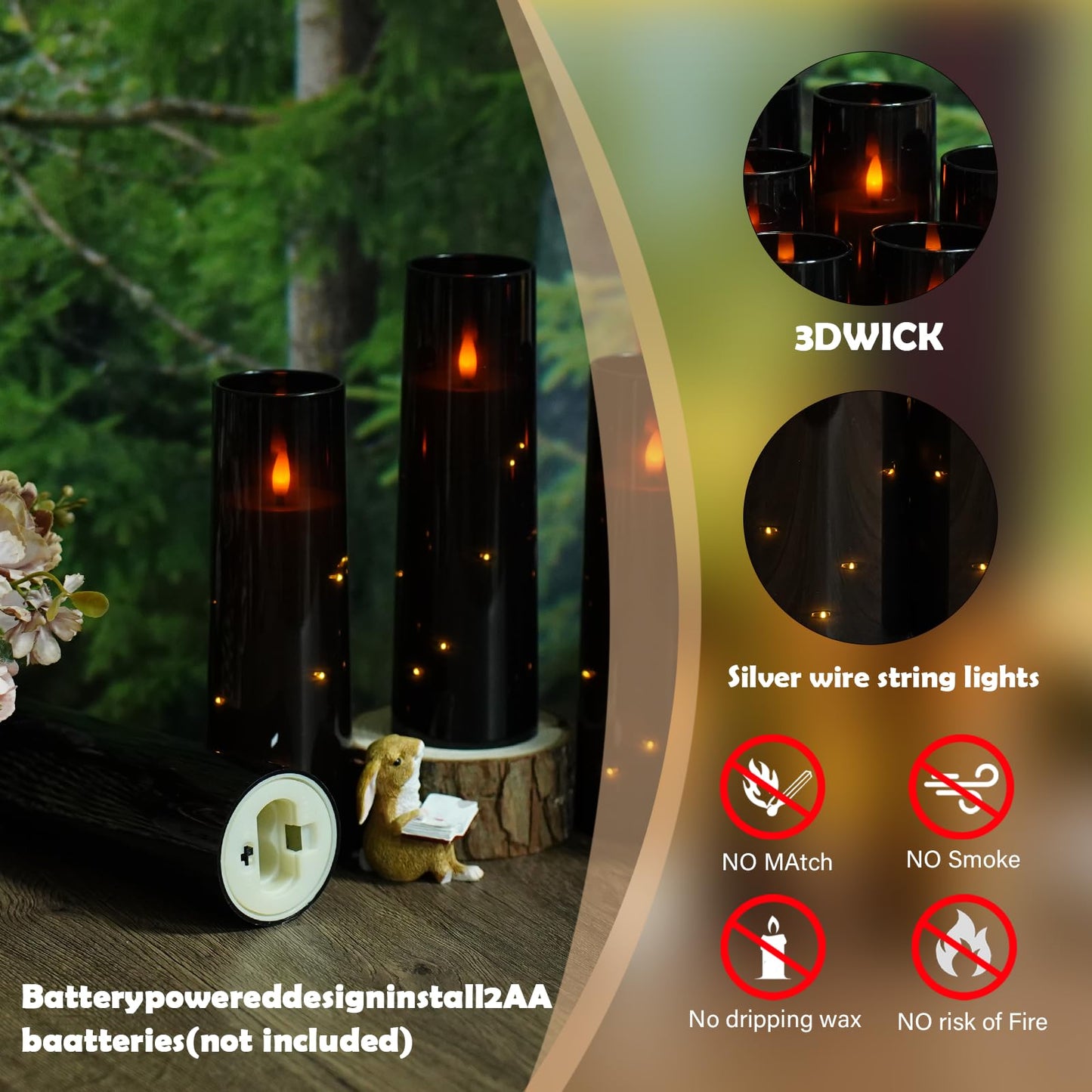 Sasigeiaa Flameless Candles with Embedded Star String - Battery Operated LED Candles, with Remote,12 Black Flickering Candles for Christmas, Weddings, Home Decor & Party,(D 2.3"×H 5" 6" 7")