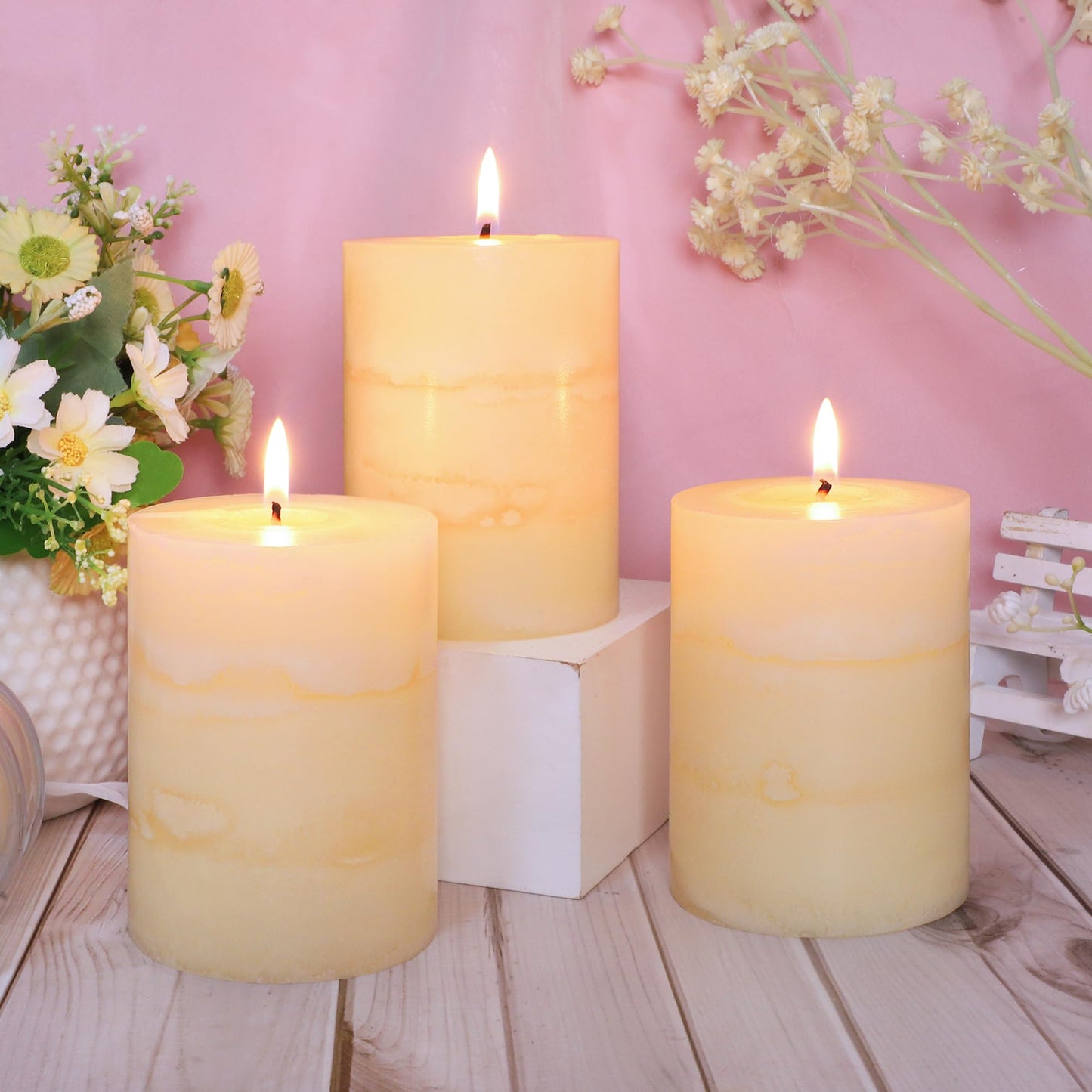 FLAVCHARM 3x4 Inches Jasmine Scented Pillar Candles Ivory White Hand-Poured Candle Long Burning Aromatherapy Candle for Home Scented Wedding Bar Centerpiece Table Decoration, 3 Pack
