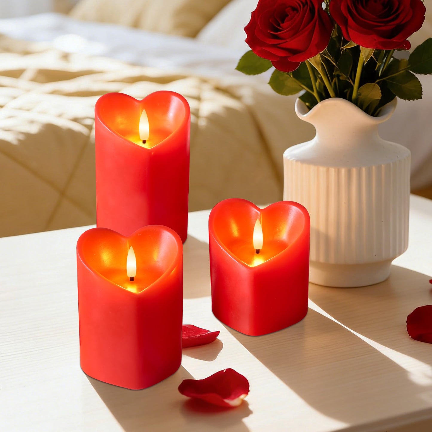 Valentine Day Flameless Pillar Candles with Remote, Real Wax Battery Operated Candles, Heart Shape LED Candle for Romantic Night Valentines Gifts Proposal Anniversary Festival Gift Decor(3 Pack)