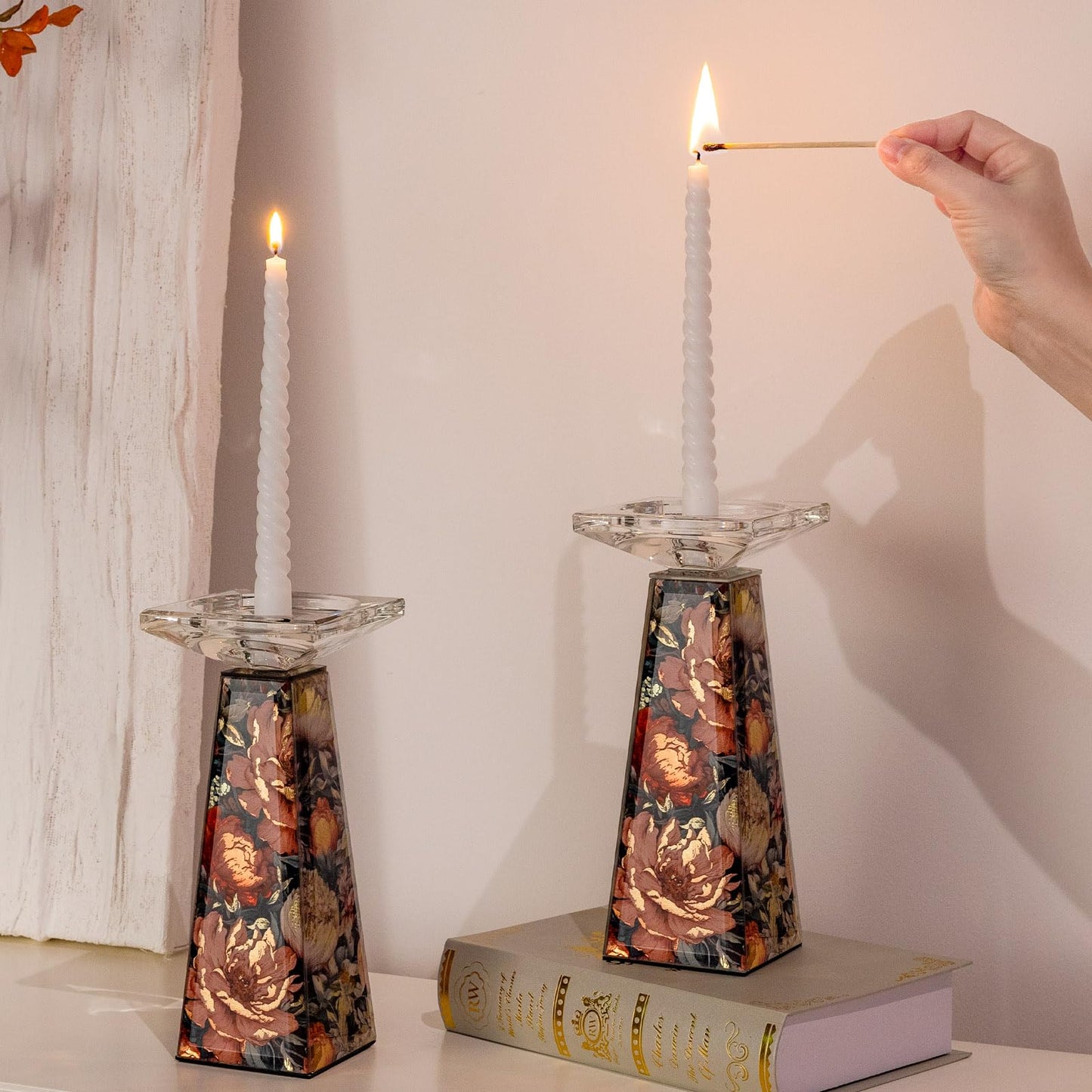 Timetrace Tall Glass Candlestick Holder with Floral Pattern,Candle Holder for Pillar, Single Piece Decorative Centerpiece for Living Room, Patio, Weddings - Decor for Dining Room