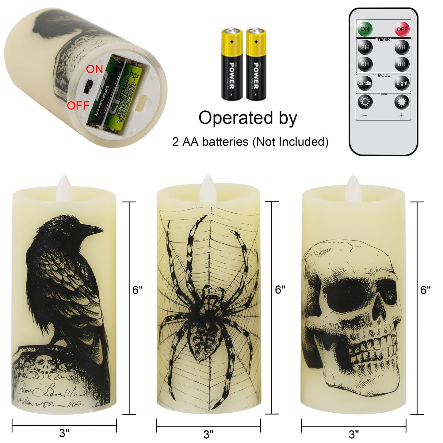 Eldnacele Halloween Flickering Candles with Skull, Spider Web, Crow, Raven Decals, Set of 3 Flat Wick Battery Operated Halloween Themed LED Candles with Remote Timer Spooky Decor