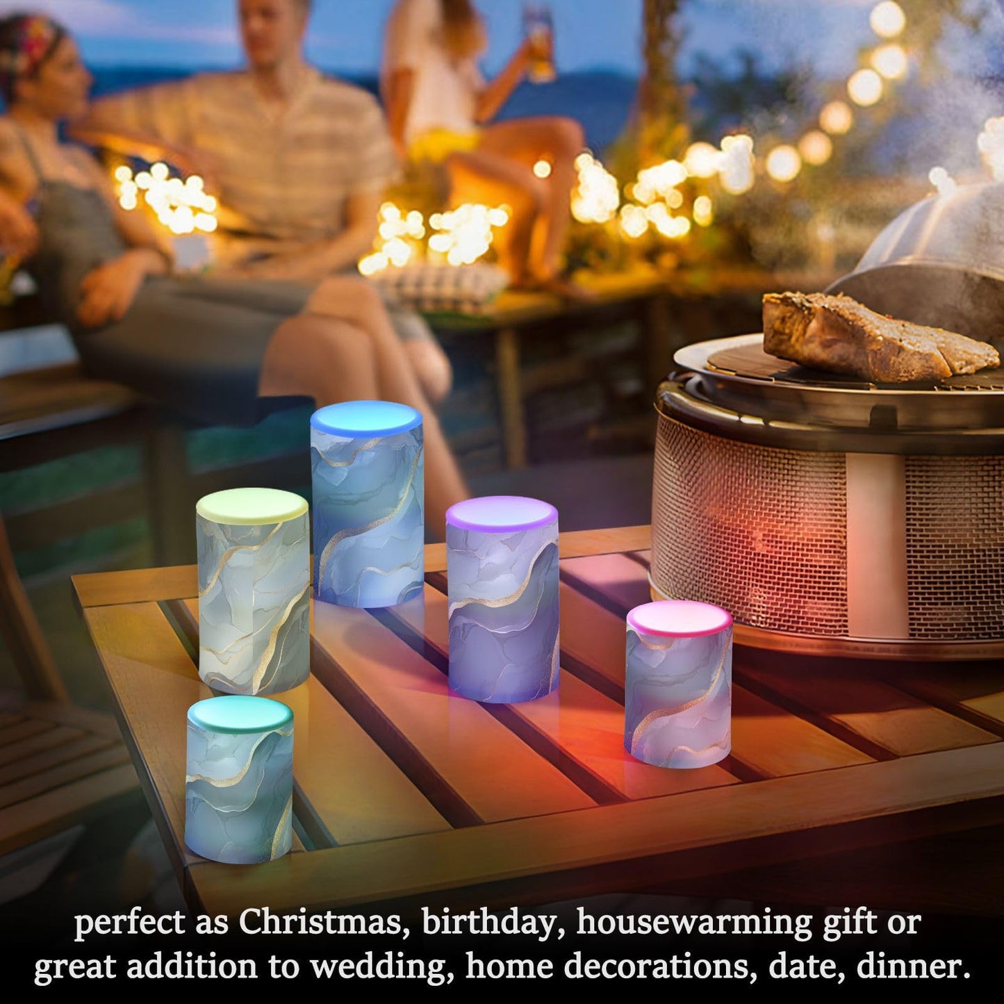 famyily Marble Silver Navy Blue Flameless Flickering Candles Led Flameless Candles with Timer for Table 4" 5" Set of 2