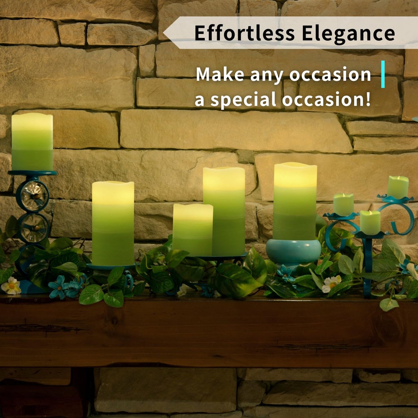 FURORA LIGHTING Green Ombre Flameless Candles - Real Wax, Adjustable Brightness, Remote & Timer - 4 Pillars (3x4, 3x6) and 4 Votives, 8-Pack, Battery Operated