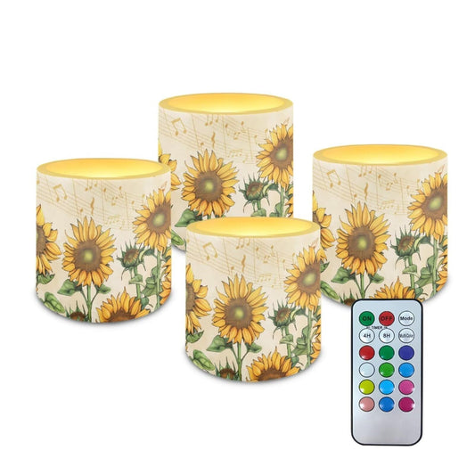 NETILGEN Vintage Sunflower Print 4 Pcs Flameless Candles with Remote Timer Color Changing Battery Operated LED Pillar Flickering Candles for Home Decor