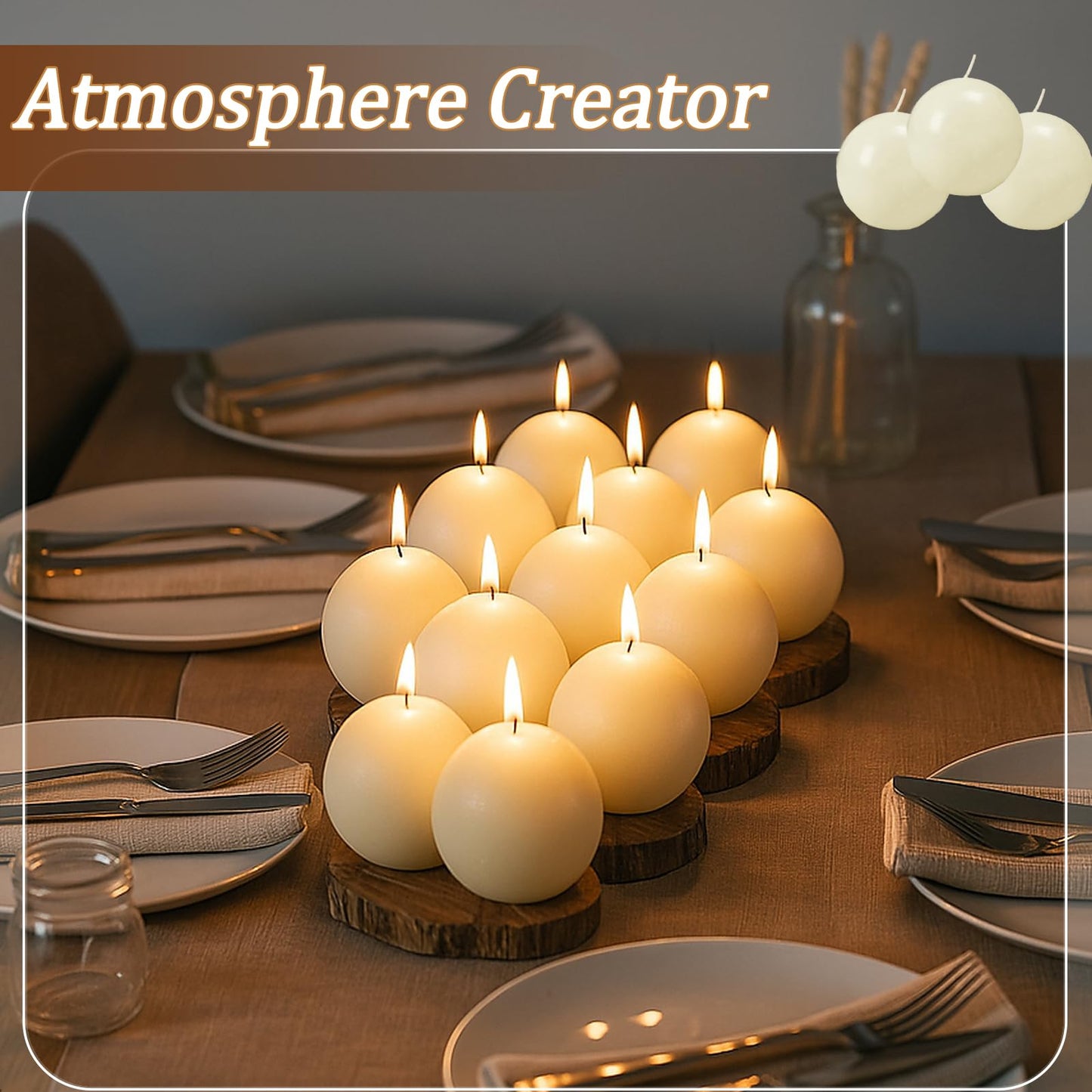Trxvxo 18 PCS Ivory Round Candles,3 in Ball Candles Bulk Set,Dripless Unscented Smokeless，Whether You're Hosting a Wedding or Other Party, or Decorating Your Home,It's a Great Choice.
