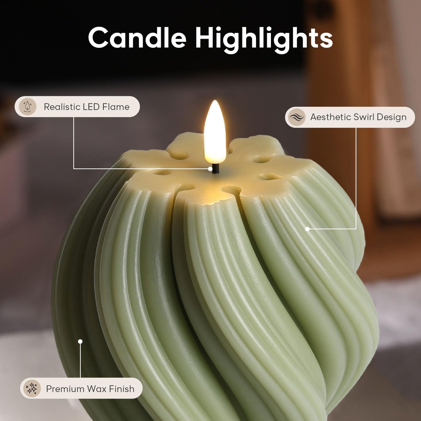 Girimax Sage Green Swirl Flameless Candles with Remote, Flickering LED Wax Candle Aesthetic Home Shelf Decor 1 Pack