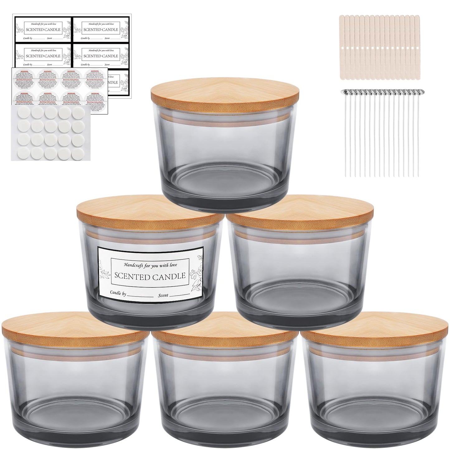 CONNOO 6-Pack 16 oz Candle Jars - 3-Wick Gray Empty Wide Mouth Glass Candle Jars Come with Bamboo Lids, Sticky Warning Labels, and a Candle Wick Kit for Candle Making - Dishwasher Safe