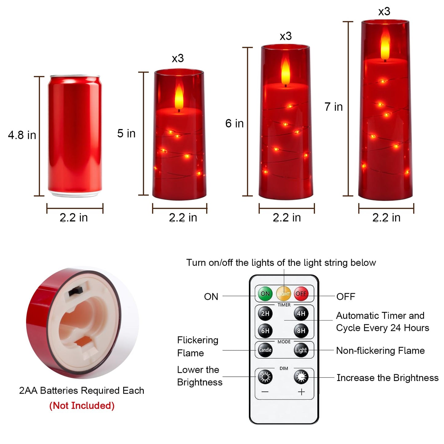 Raycare Independence Day Flameless Candle with Remote Timer – 9 Flickering Acrylic Battery Operated LED Pillar Candles with Embedded Star String for 4th of July Home Patriotic Decor, as a Gift (Red)